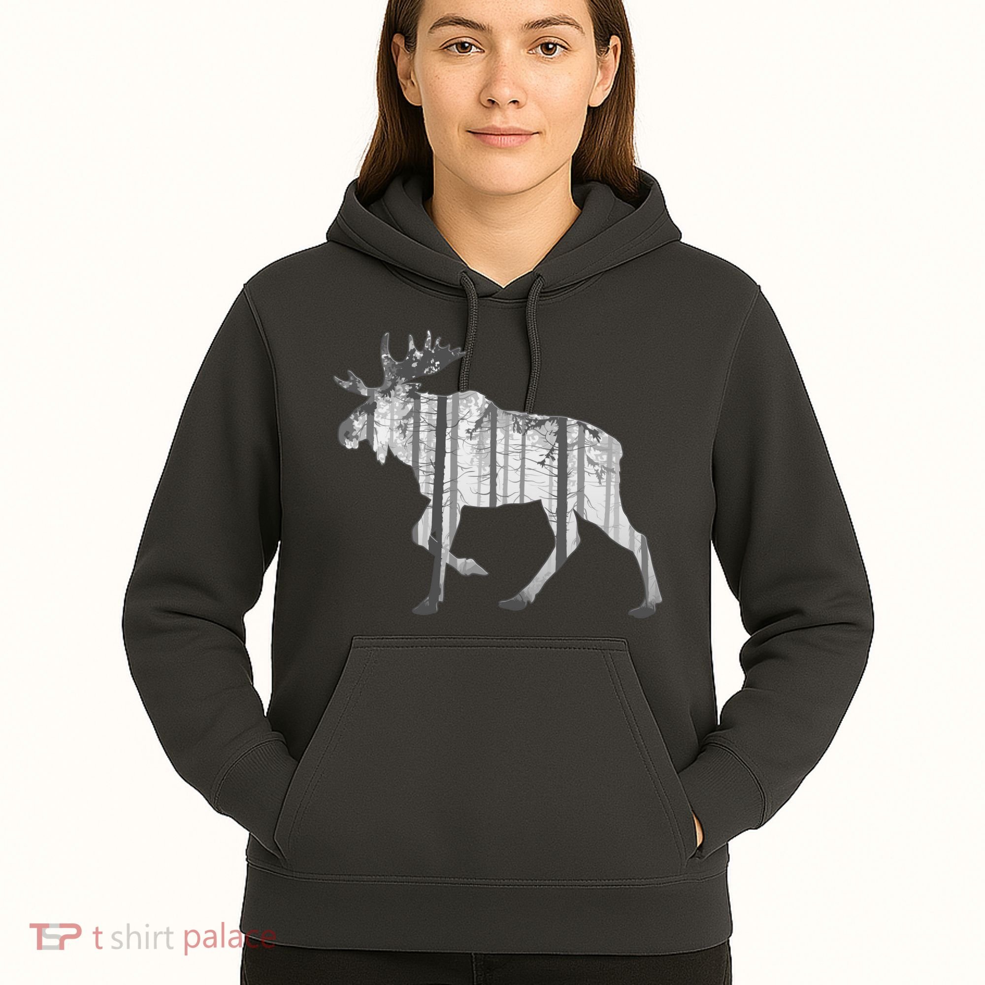Moose Forest Silhouette Grey Style Hoodie