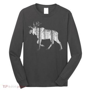 Moose Forest Silhouette Grey Style Long Sleeve Shirt