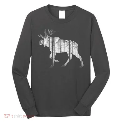Moose Forest Silhouette Grey Style Long Sleeve Shirt
