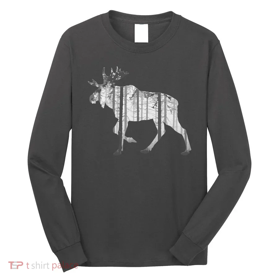 Moose Forest Silhouette Grey Style Long Sleeve Shirt