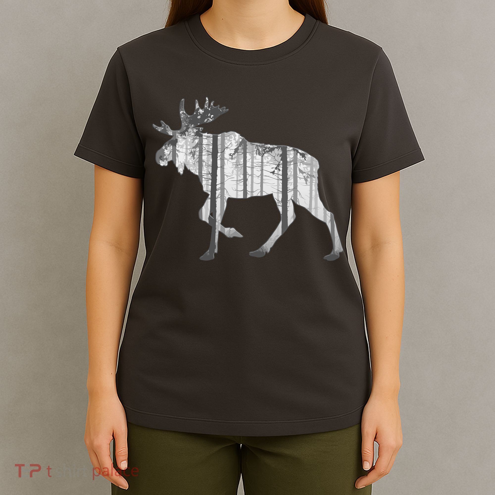 Moose Forest Silhouette Grey Style T-Shirt