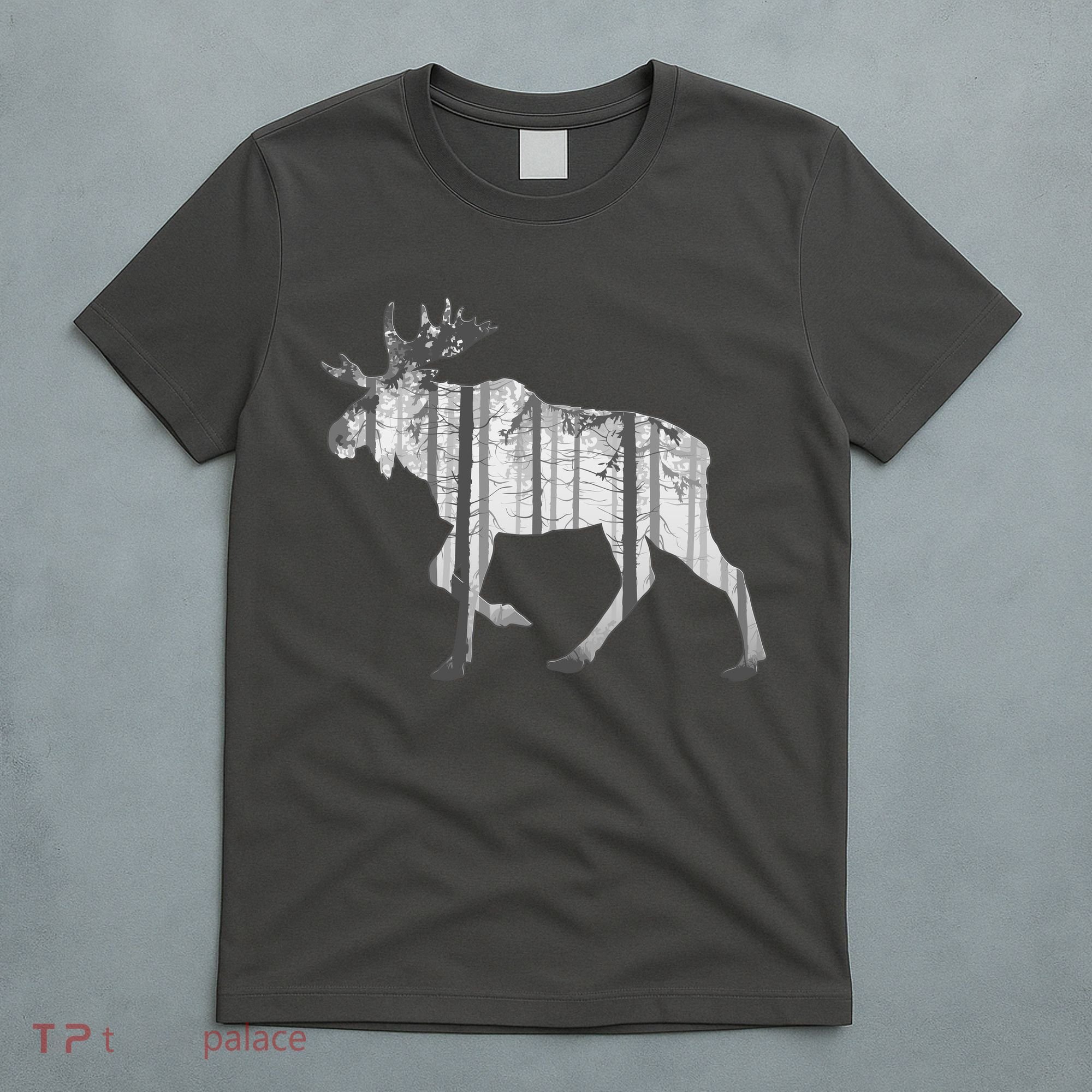 Moose Forest Silhouette Grey Style T-Shirt