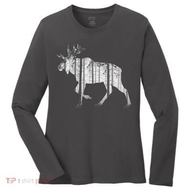 Moose Forest Silhouette Grey Style Women's Long Sleeve Shirt
