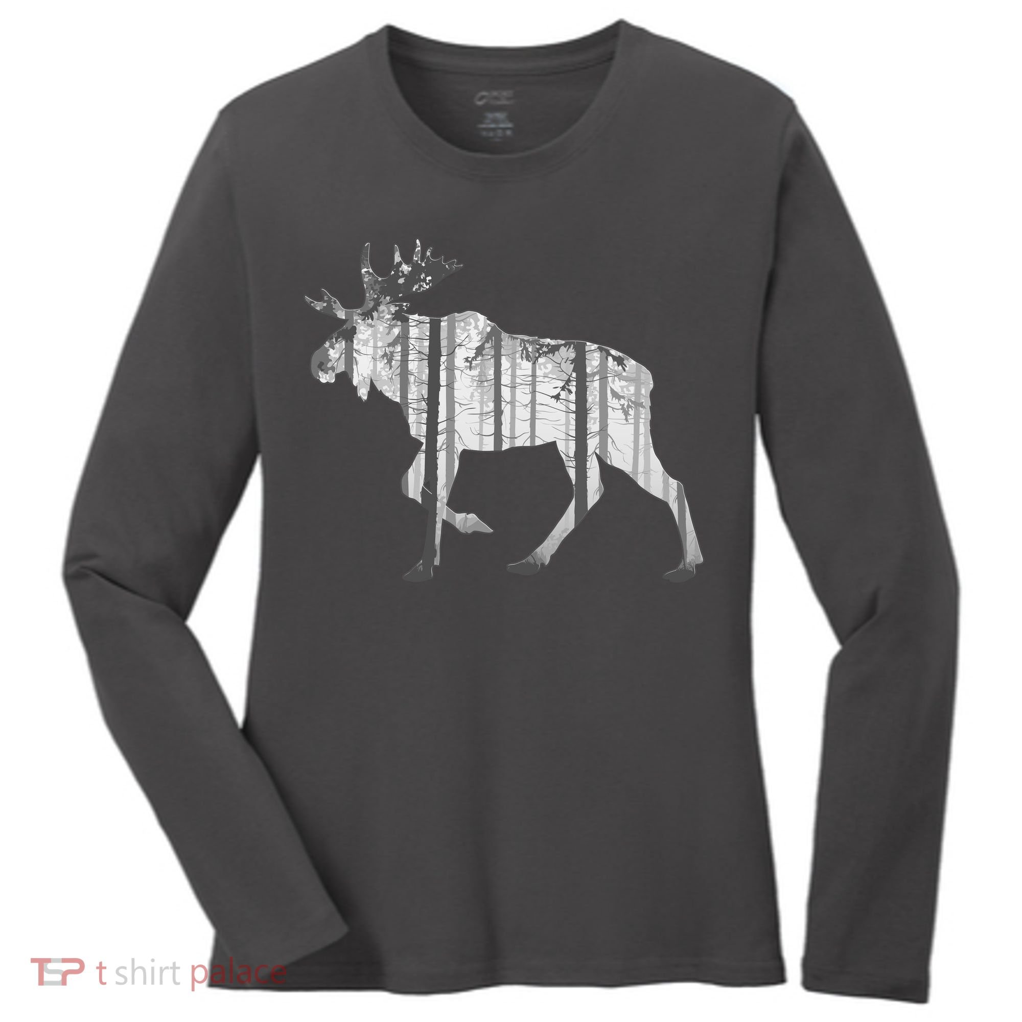 Moose Forest Silhouette Grey Style Women's Long Sleeve Shirt