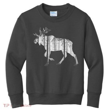 Moose Forest Silhouette Grey Style Kids Sweatshirt