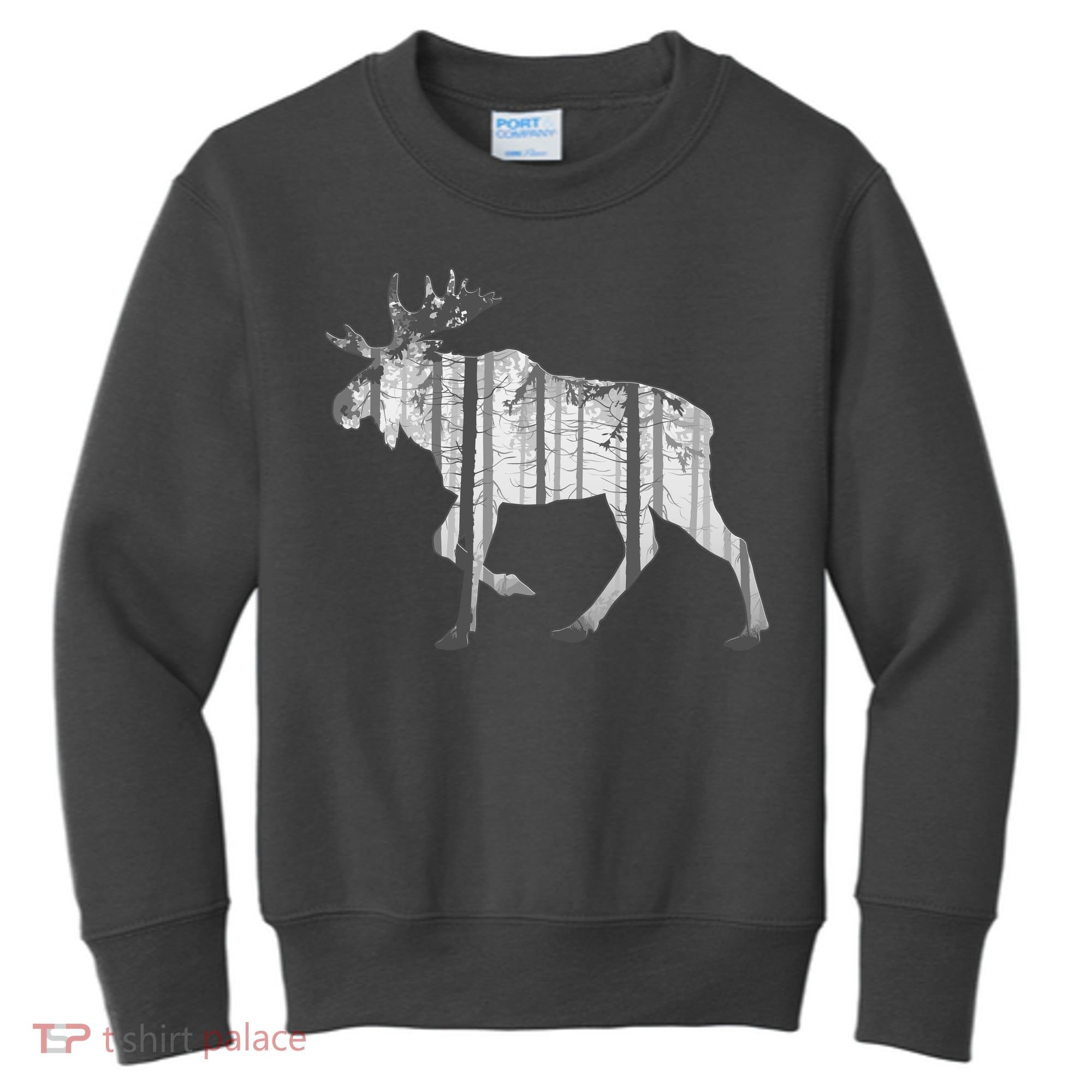 Moose Forest Silhouette Grey Style Kids Sweatshirt