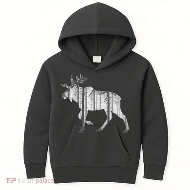 Moose Forest Silhouette Grey Style Kids Hoodie