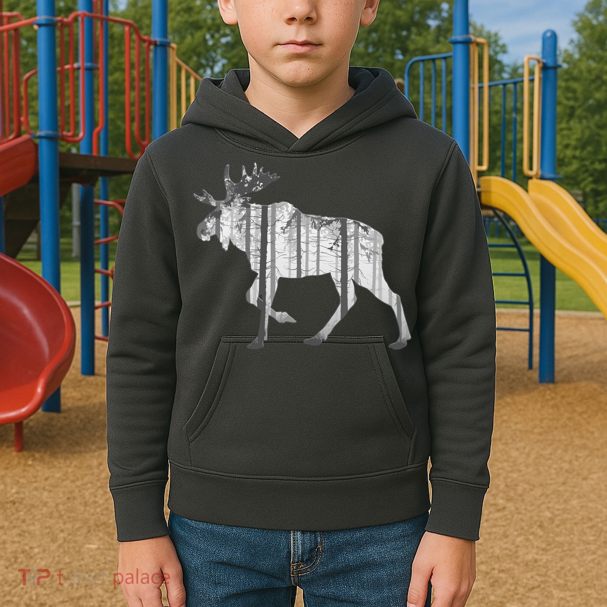 Moose Forest Silhouette Grey Style Kids Hoodie