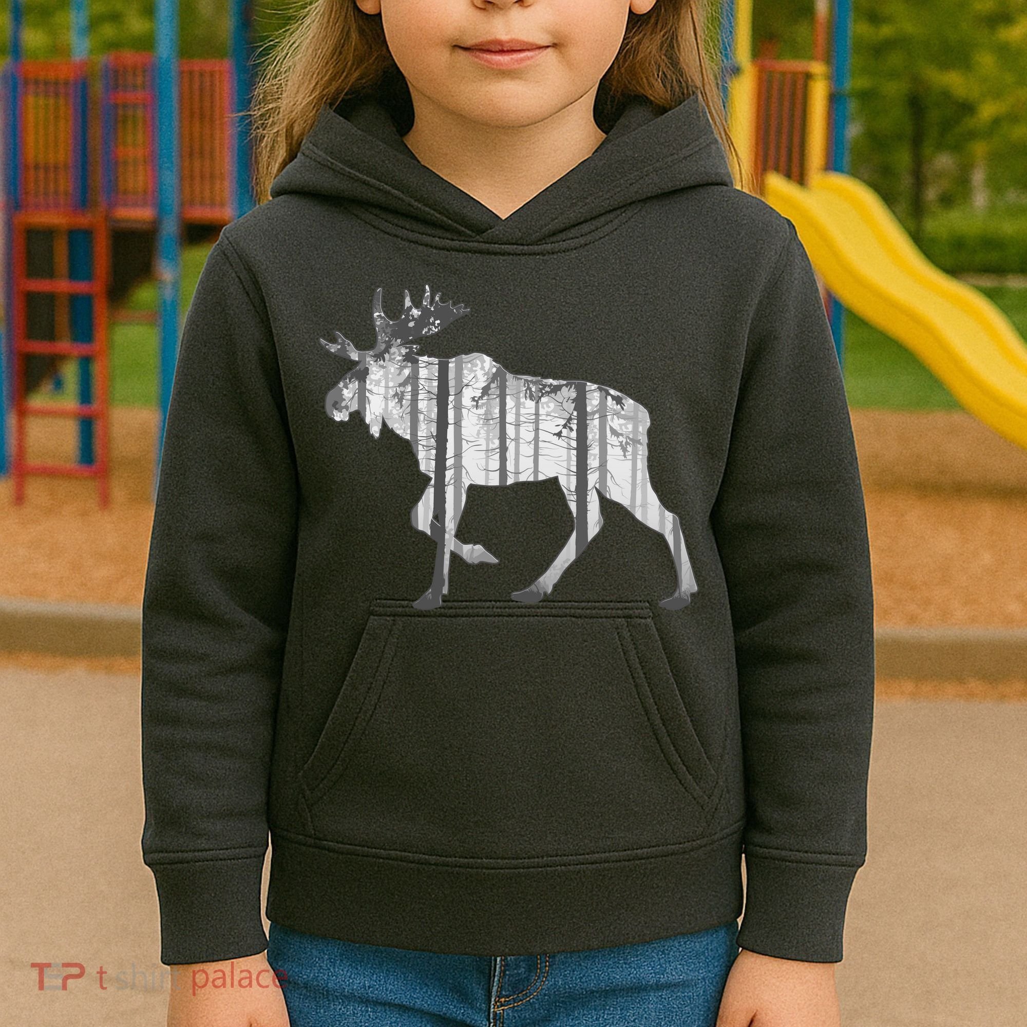 Moose Forest Silhouette Grey Style Kids Hoodie