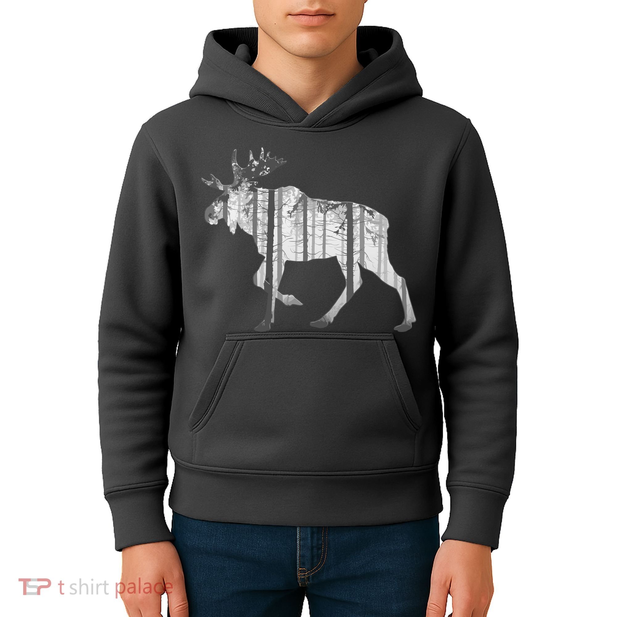 Moose Forest Silhouette Grey Style Kids Hoodie