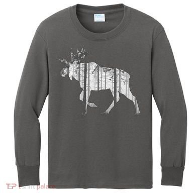 Moose Forest Silhouette Grey Style Kids Long Sleeve Shirt