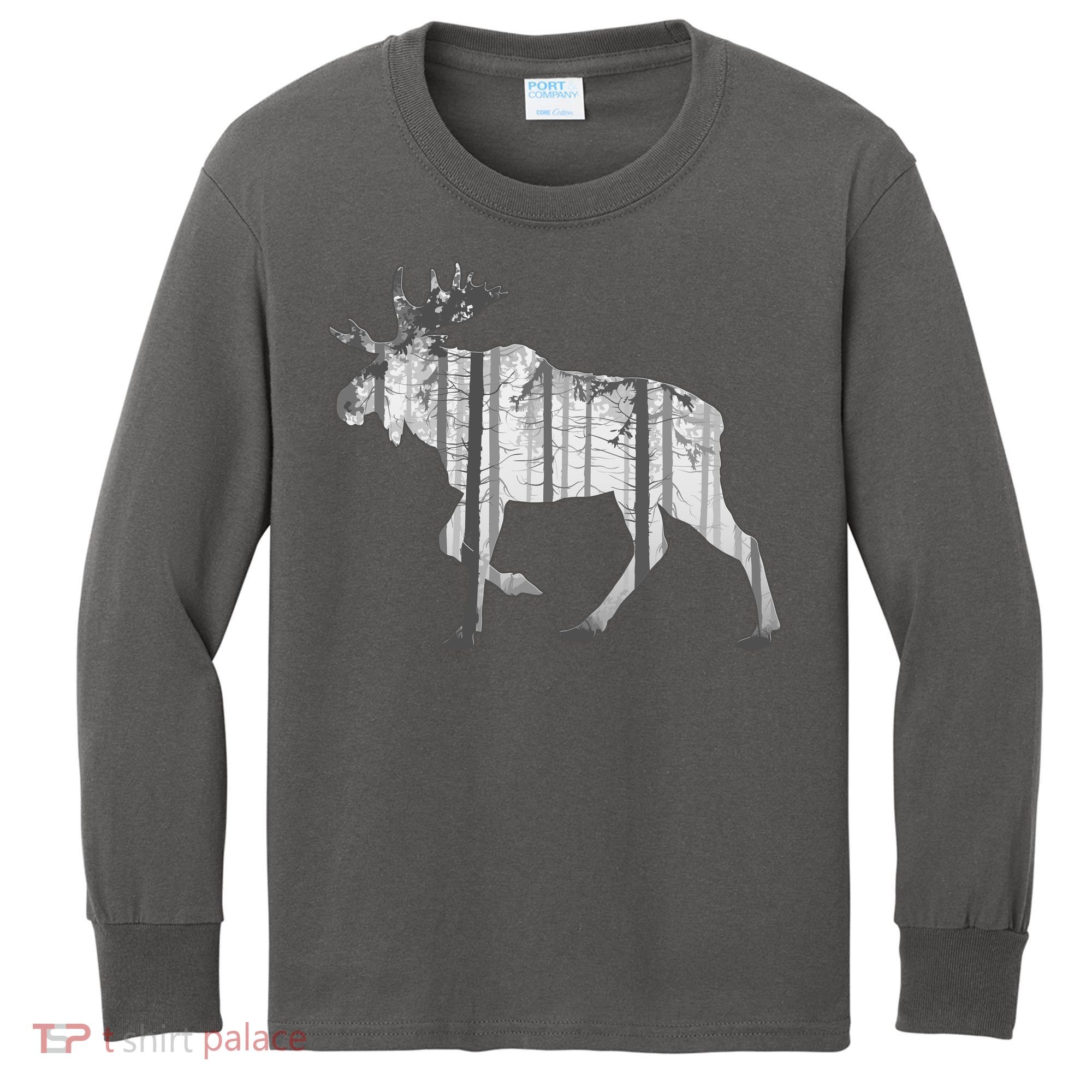 Moose Forest Silhouette Grey Style Kids Long Sleeve Shirt