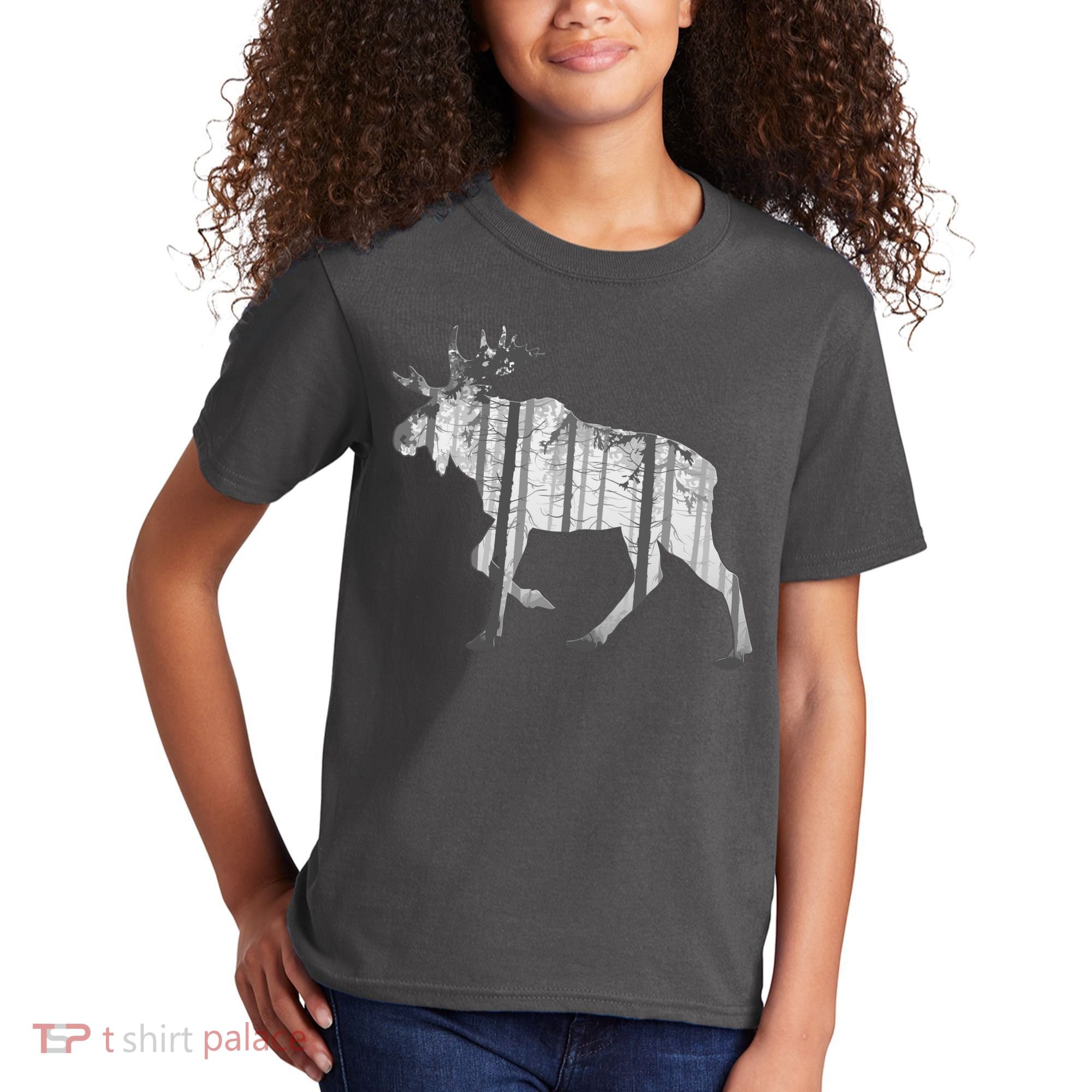 Moose Forest Silhouette Grey Style Kids T-Shirt