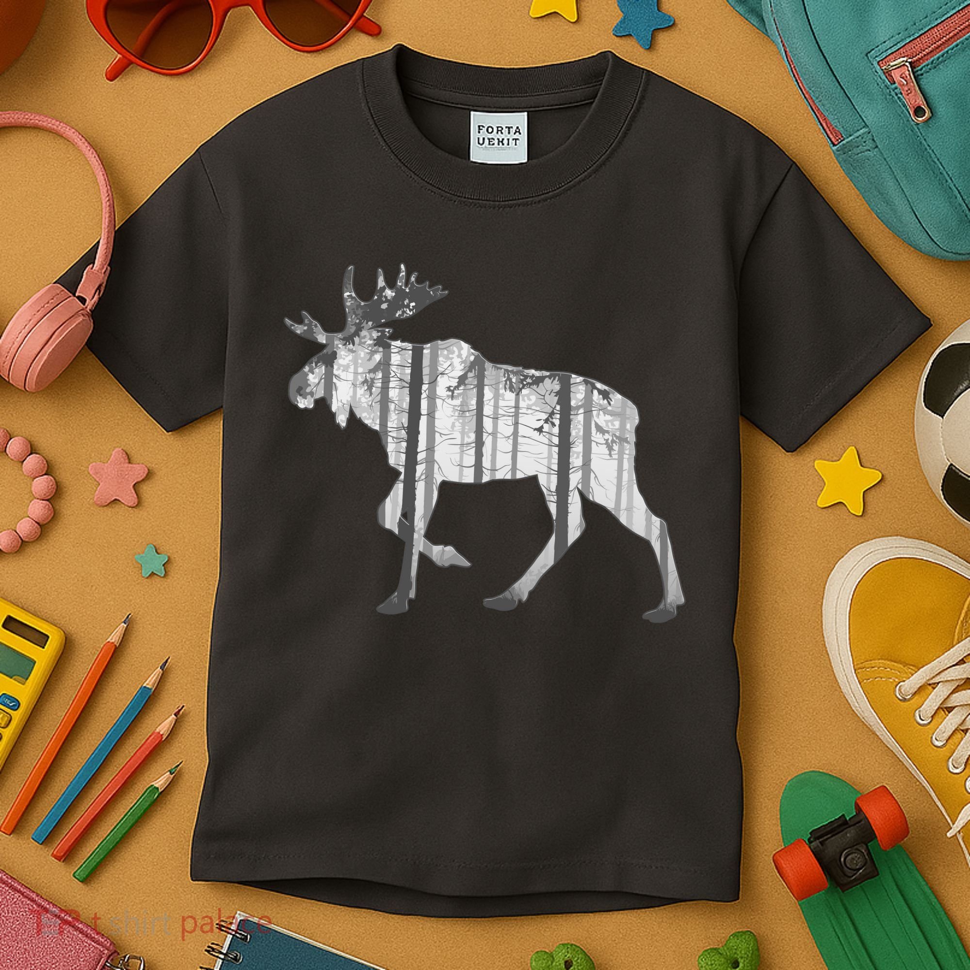 Moose Forest Silhouette Grey Style Kids T-Shirt