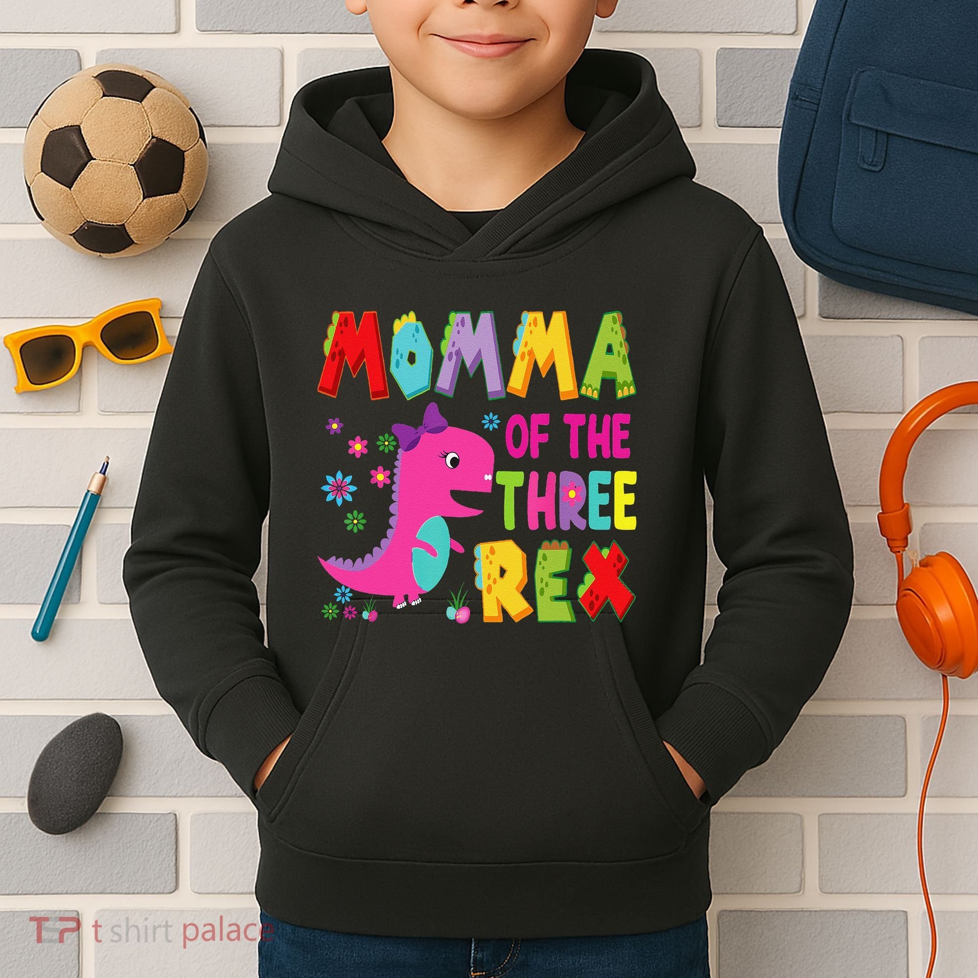 Momma Of The Three Rex 3rd Birthday Boy Dinosaur Trex Kids Hoodie