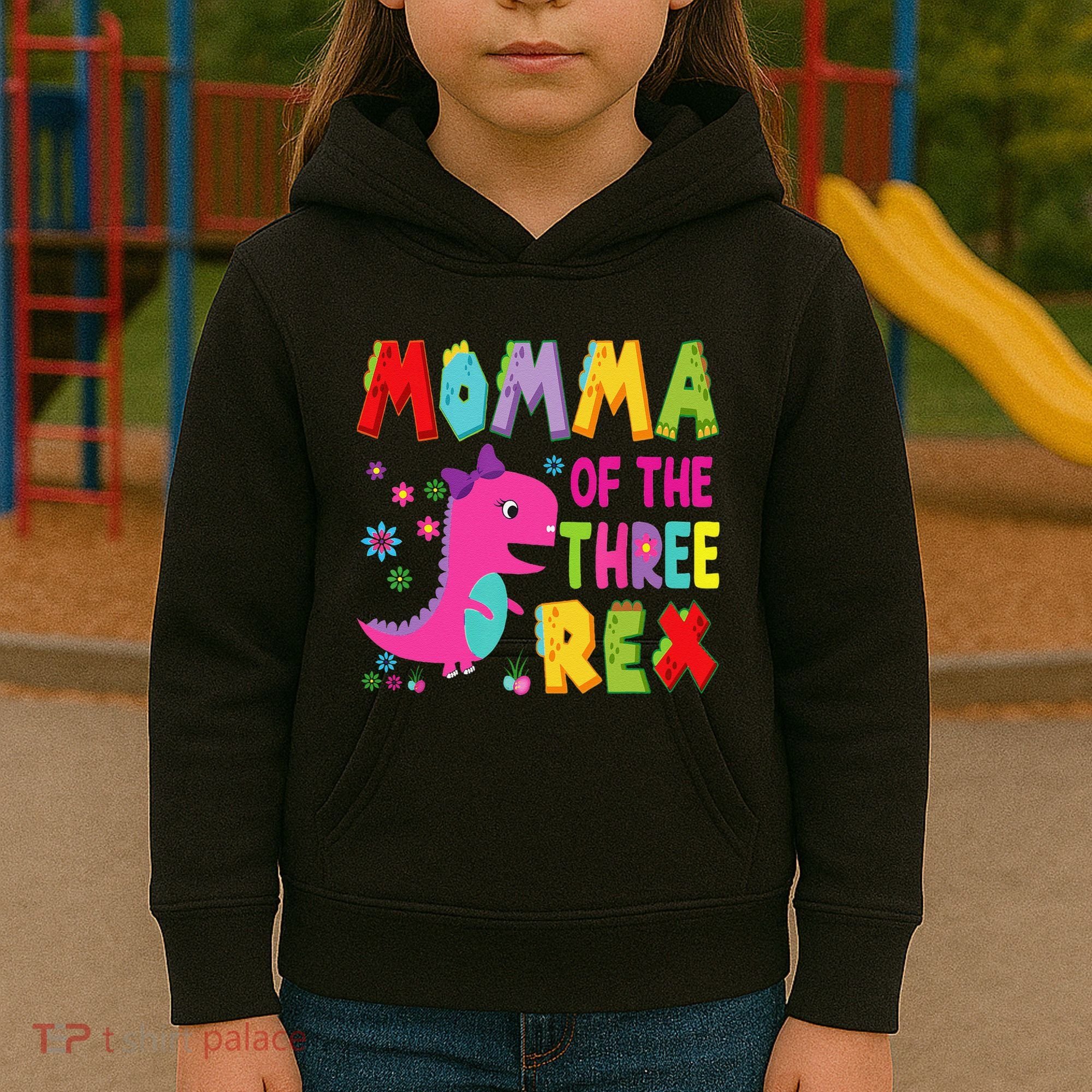 Momma Of The Three Rex 3rd Birthday Boy Dinosaur Trex Kids Hoodie