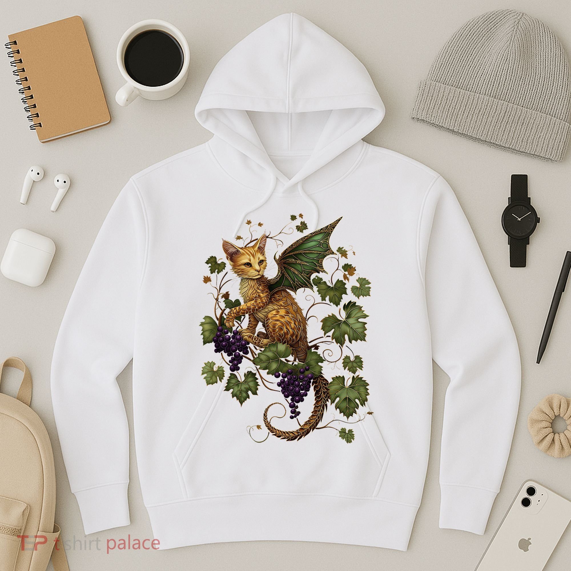 Mystical Orange Tabby Dragon Cat Fae With Grapevines Hoodie