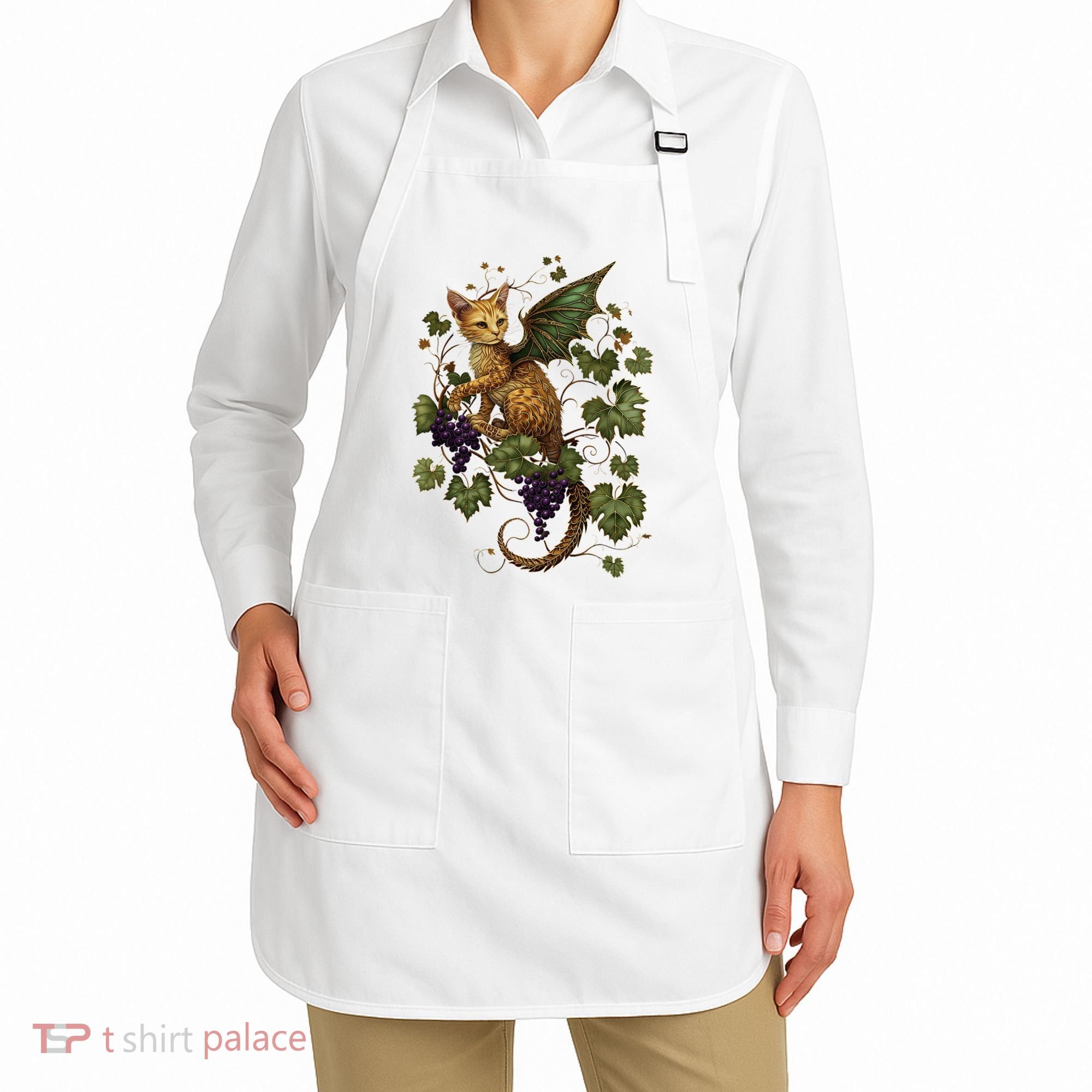 Mystical Orange Tabby Dragon Cat Fae With Grapevines Apron