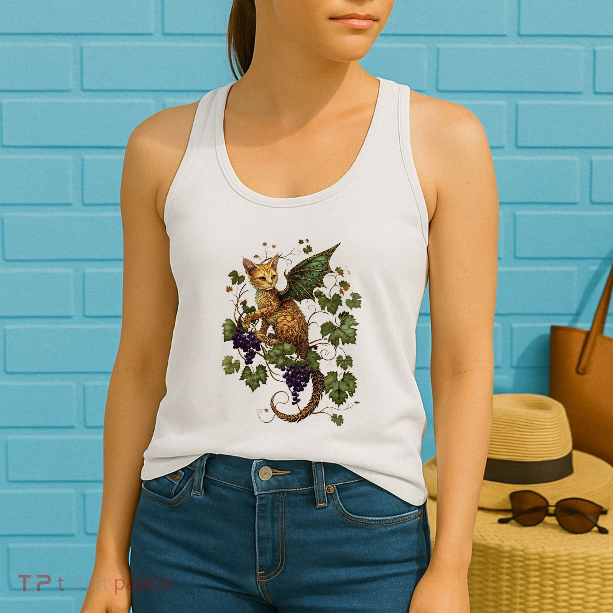 Mystical Orange Tabby Dragon Cat Fae With Grapevines Women's Tank Top