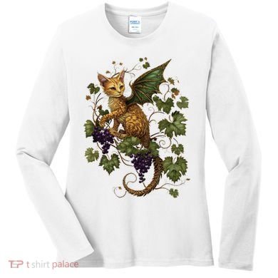 Mystical Orange Tabby Dragon Cat Fae With Grapevines Women's Long Sleeve Shirt