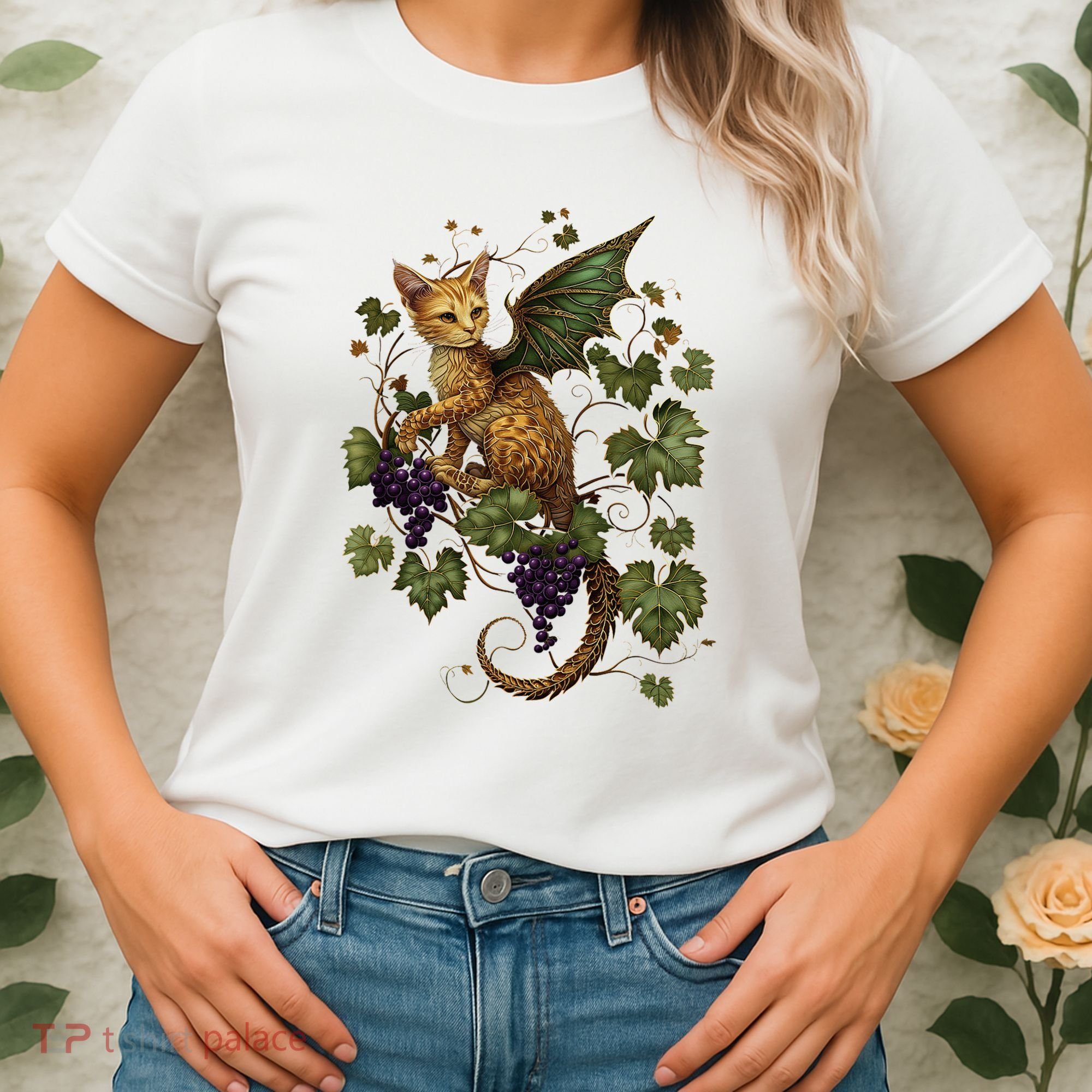 Mystical Orange Tabby Dragon Cat Fae With Grapevines Women's T-Shirt
