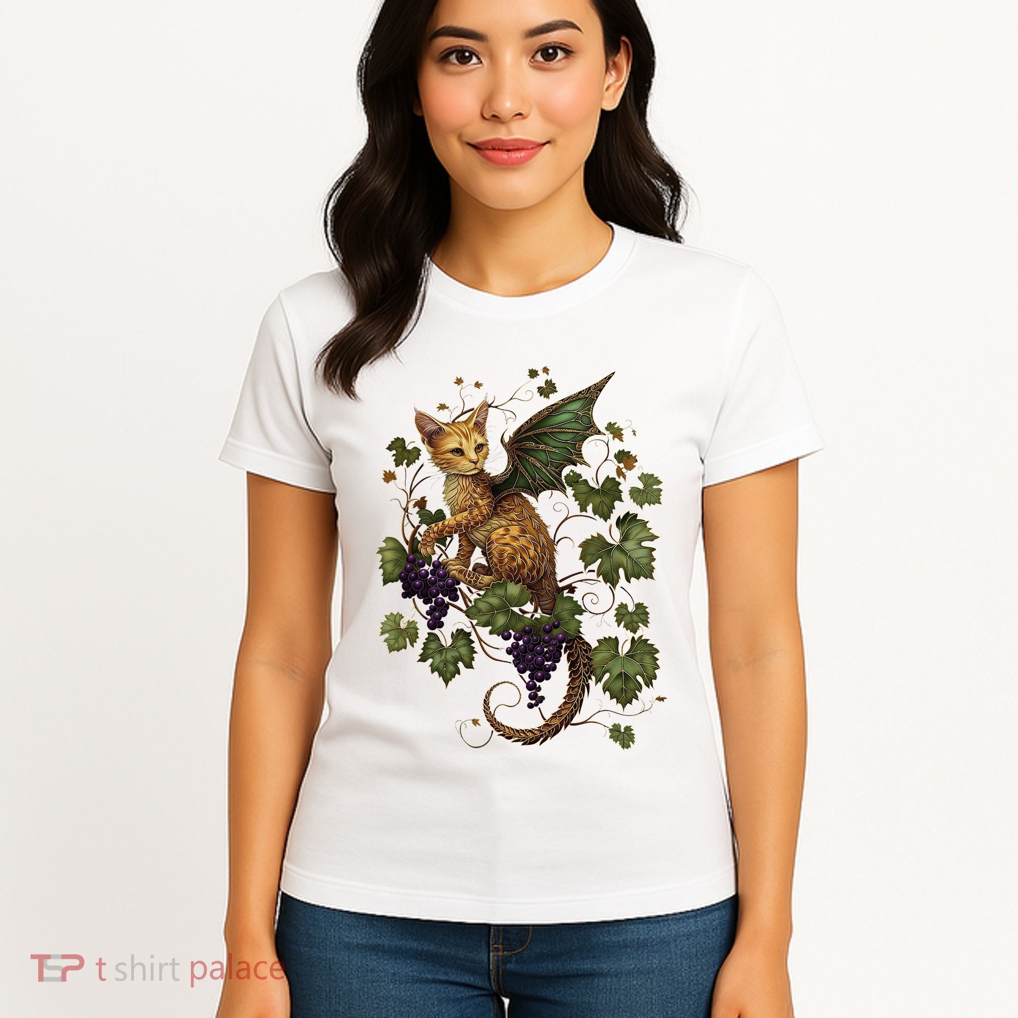 Mystical Orange Tabby Dragon Cat Fae With Grapevines Women's T-Shirt