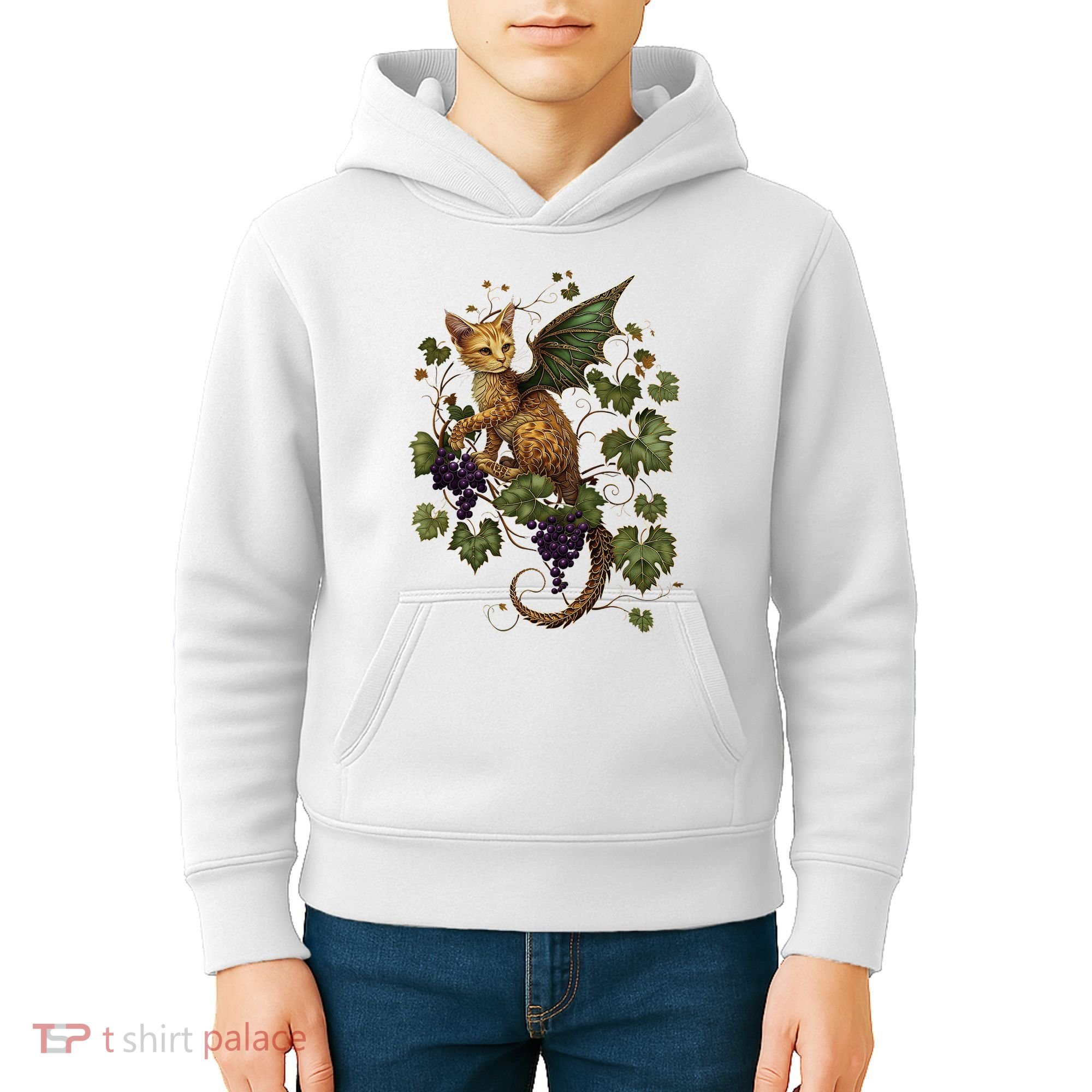 Mystical Orange Tabby Dragon Cat Fae With Grapevines Kids Hoodie