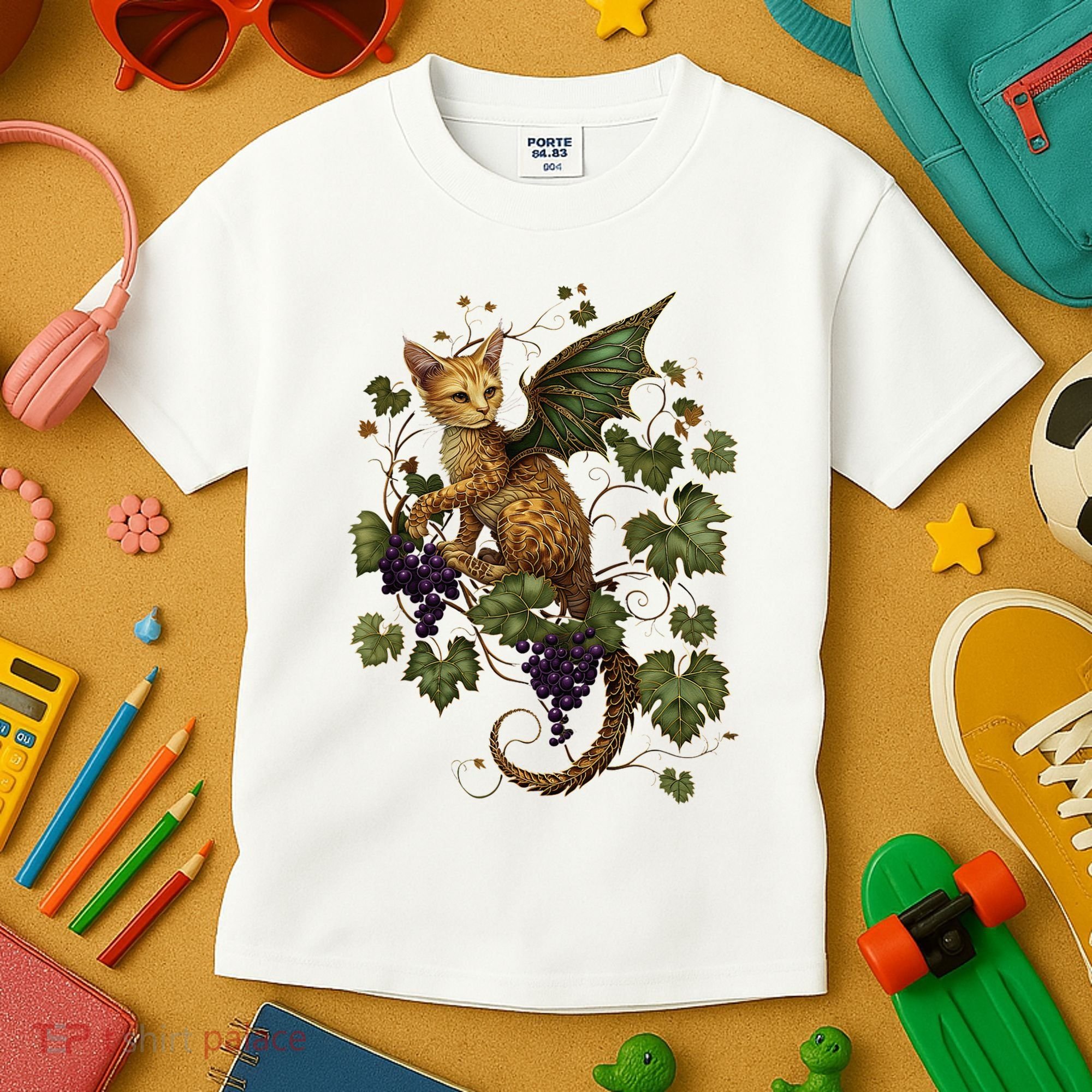 Mystical Orange Tabby Dragon Cat Fae With Grapevines Kids T-Shirt