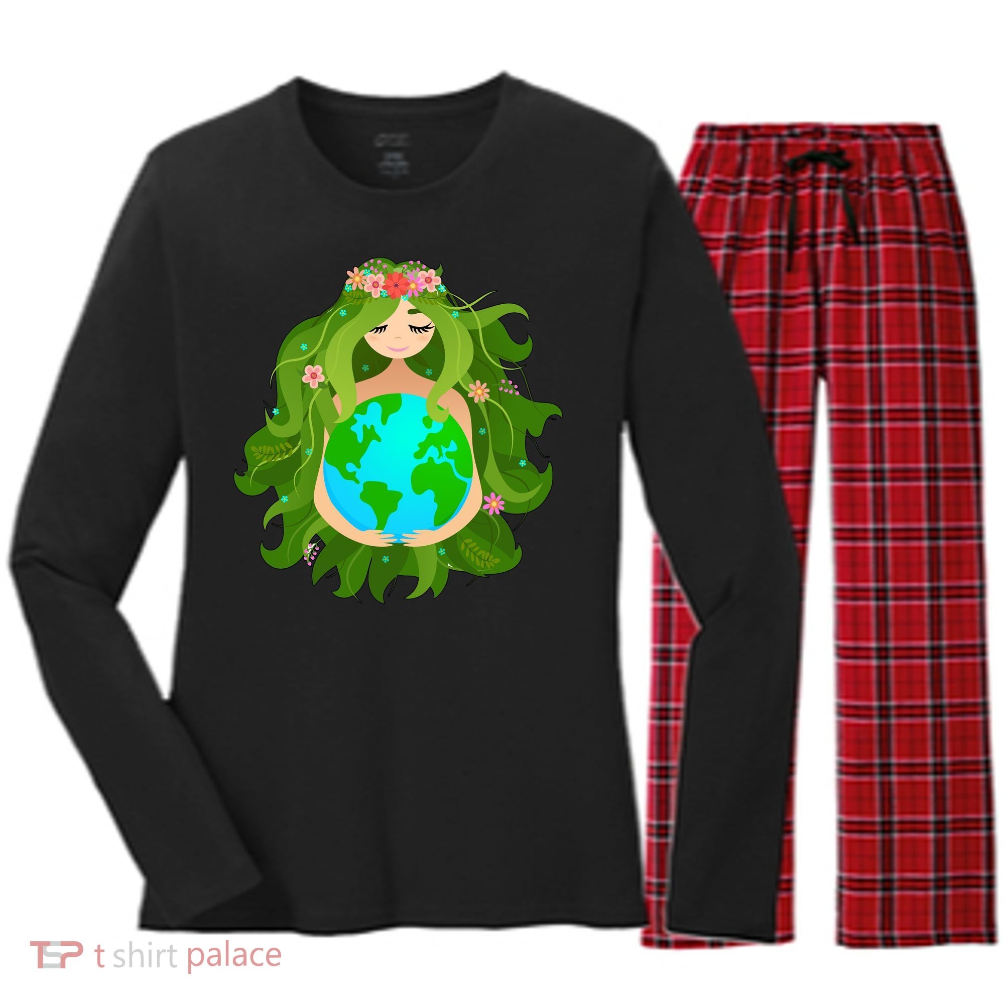 Mother Gaia Earth World Cute Women's Long Sleeve Flannel Pajama Set 