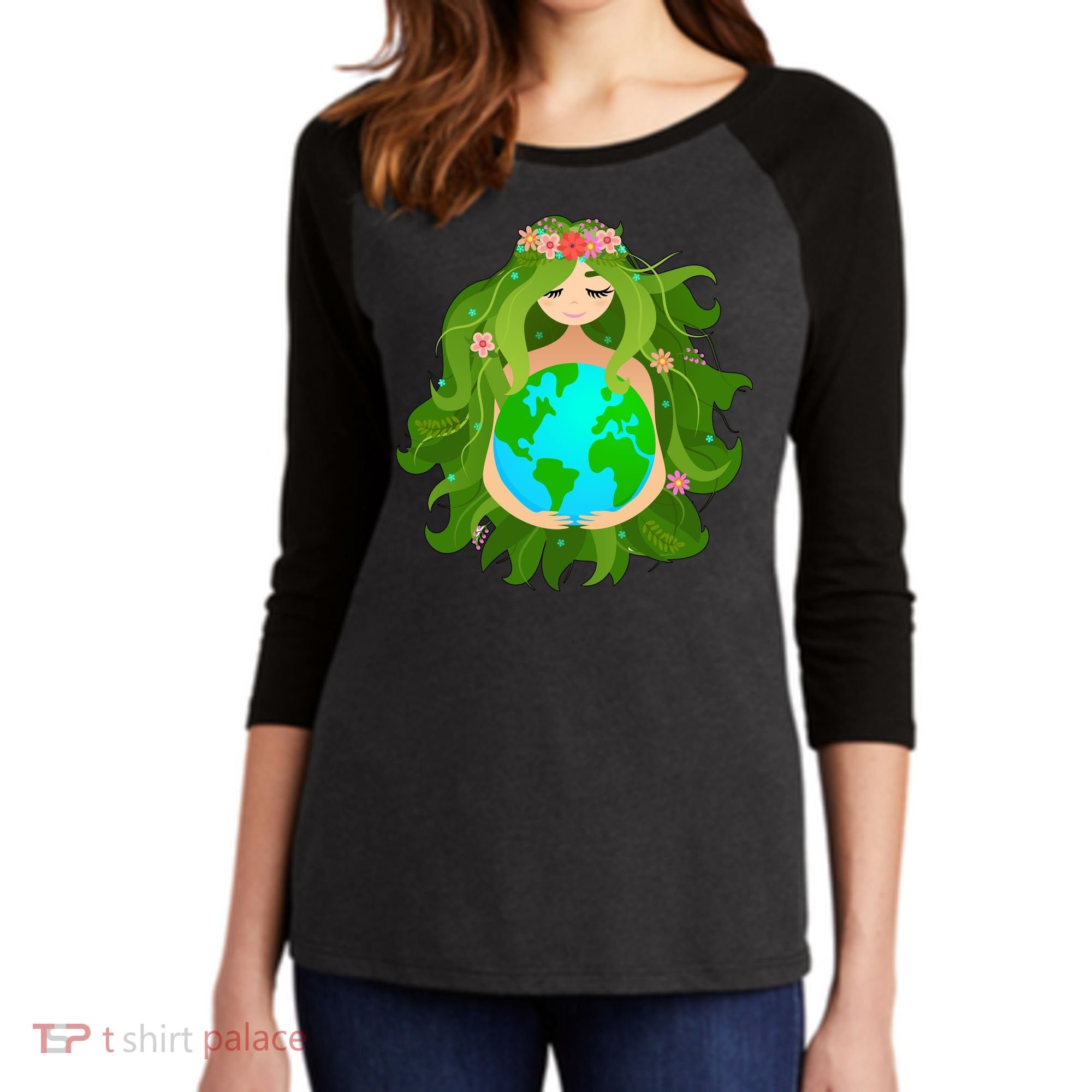 Mother Gaia Earth World Cute Women's Tri-Blend 3/4-Sleeve Raglan Shirt