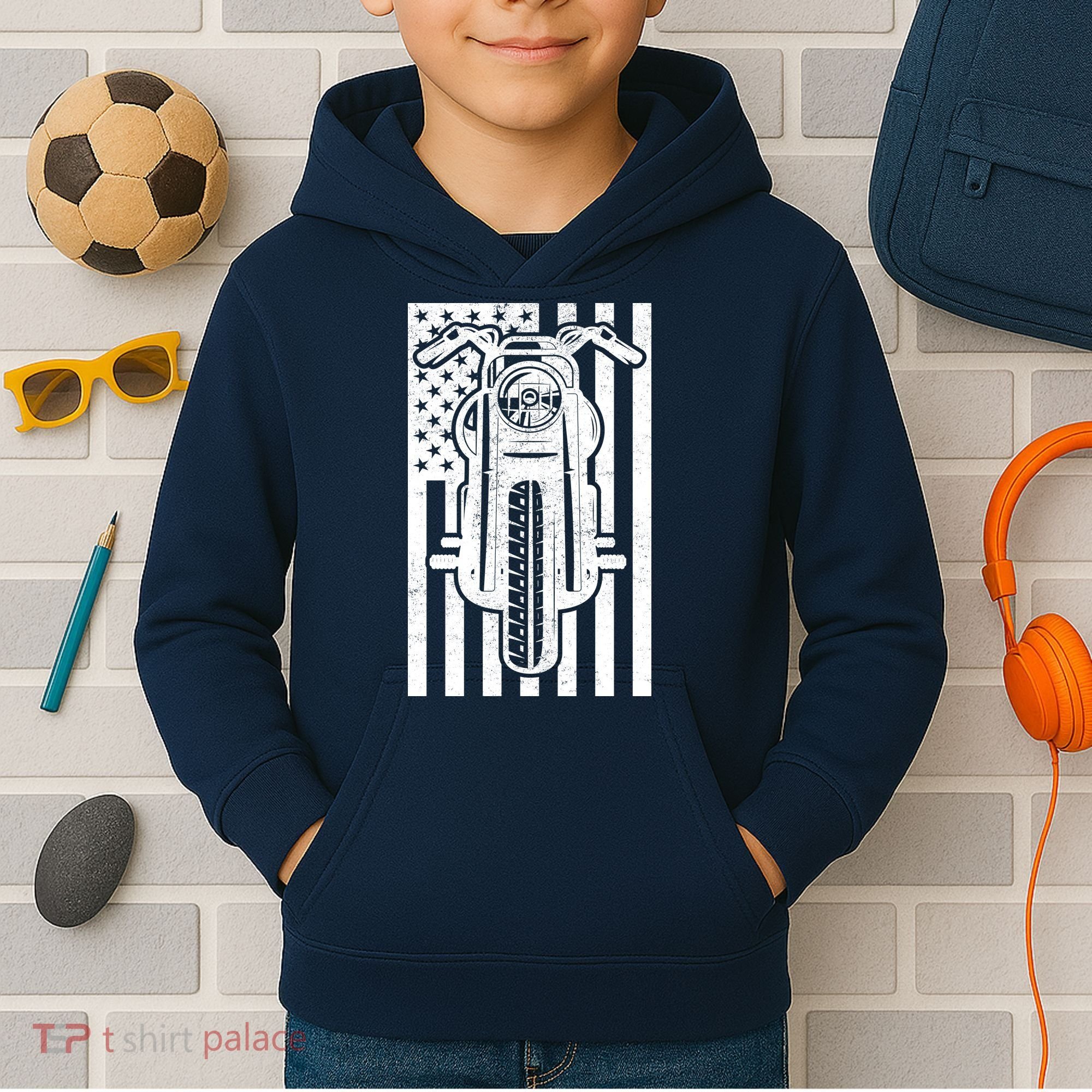 Motorcycle Biker USA Flag Kids Hoodie