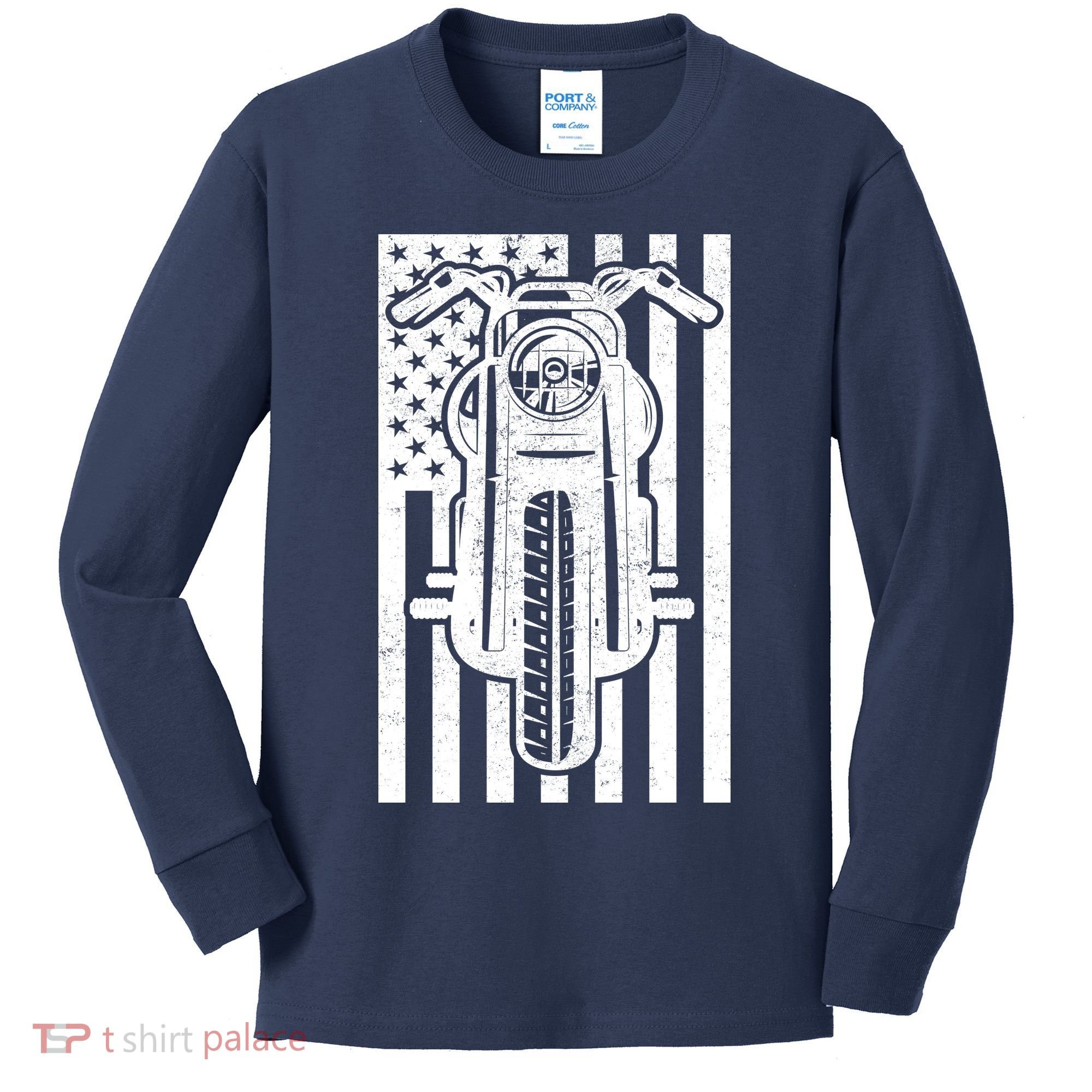 Motorcycle Biker USA Flag Kids Long Sleeve Shirt