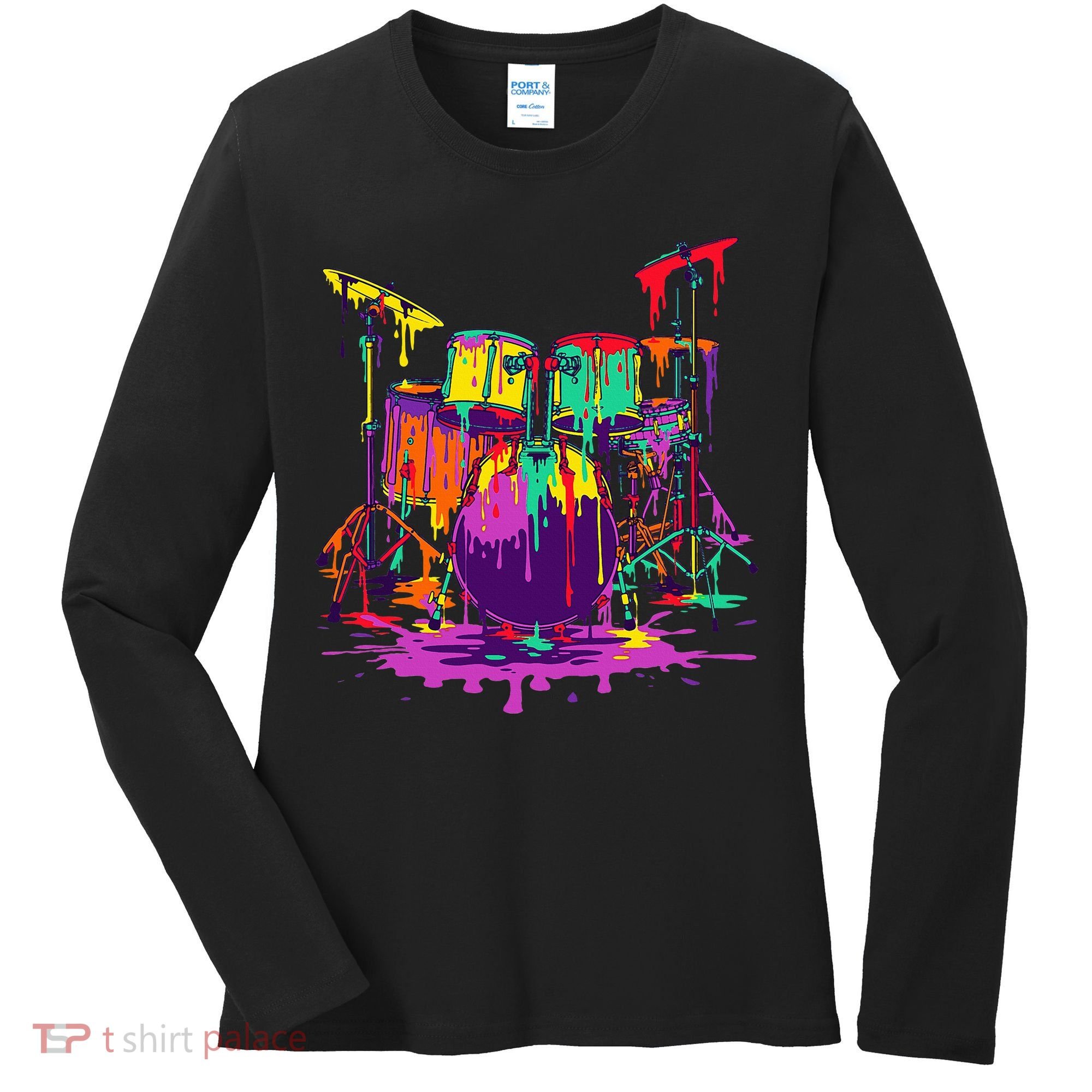 Melting Pop Art Drum Set Funny Drummer Musician Music Outfit Women's Long Sleeve Shirt