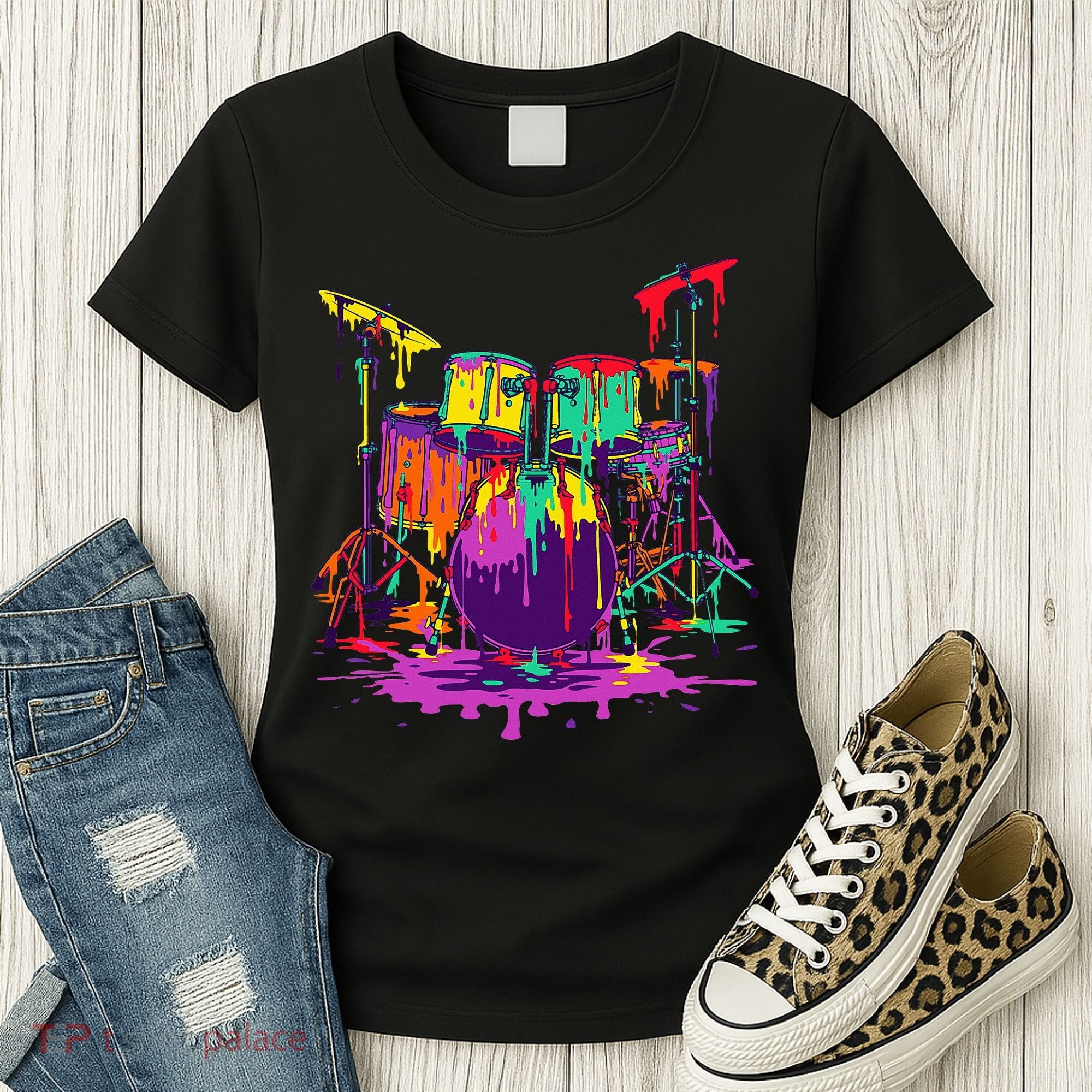 Melting Pop Art Drum Set Funny Drummer Musician Music Outfit Women's T-Shirt