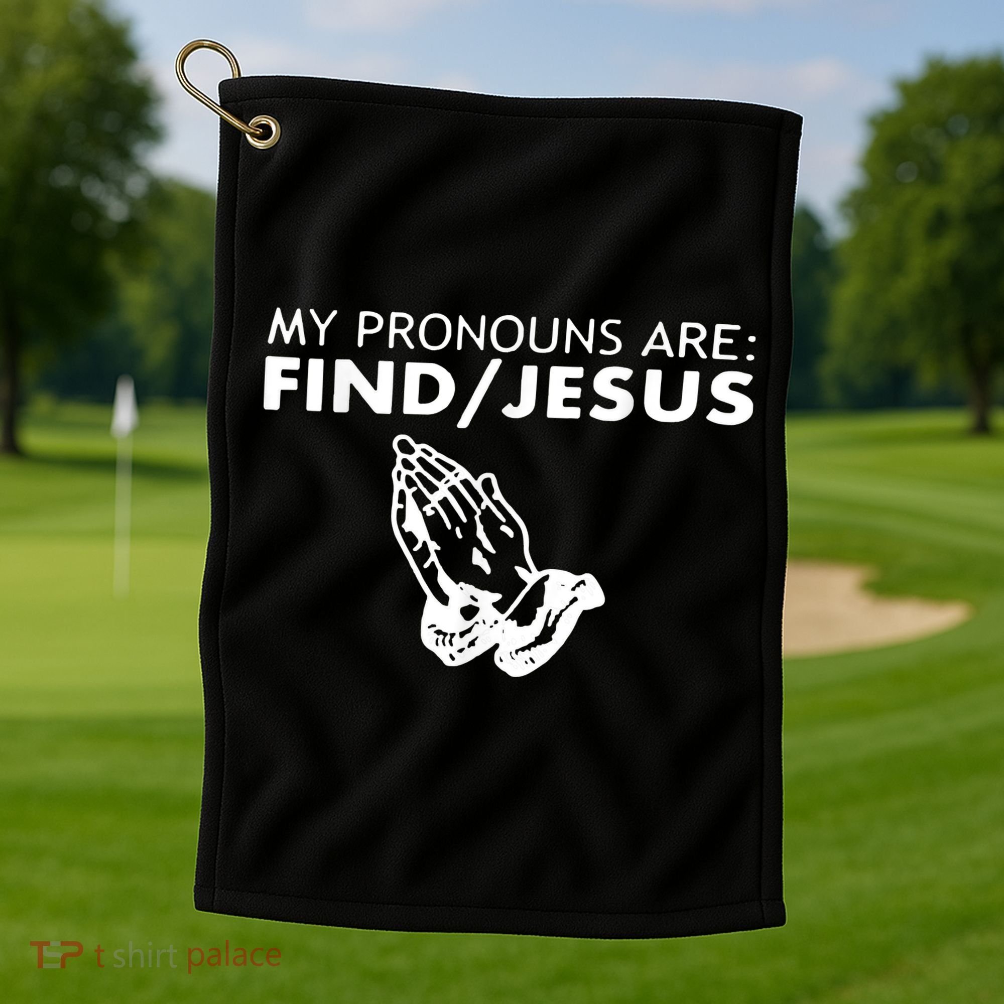 My Pronouns Are Find Jesus Retro Apparel Golf Towel