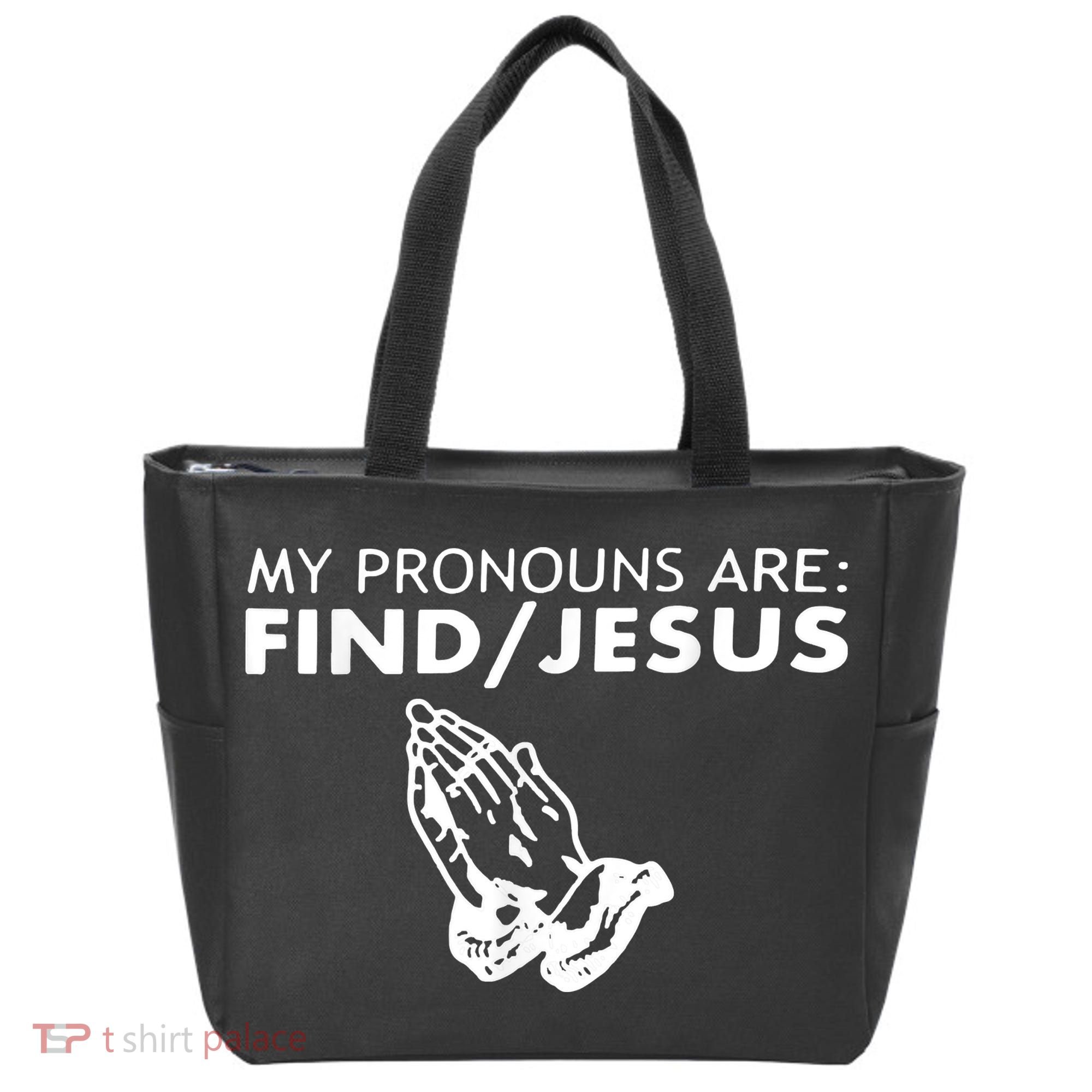 My Pronouns Are Find Jesus Retro Apparel Tote Bag