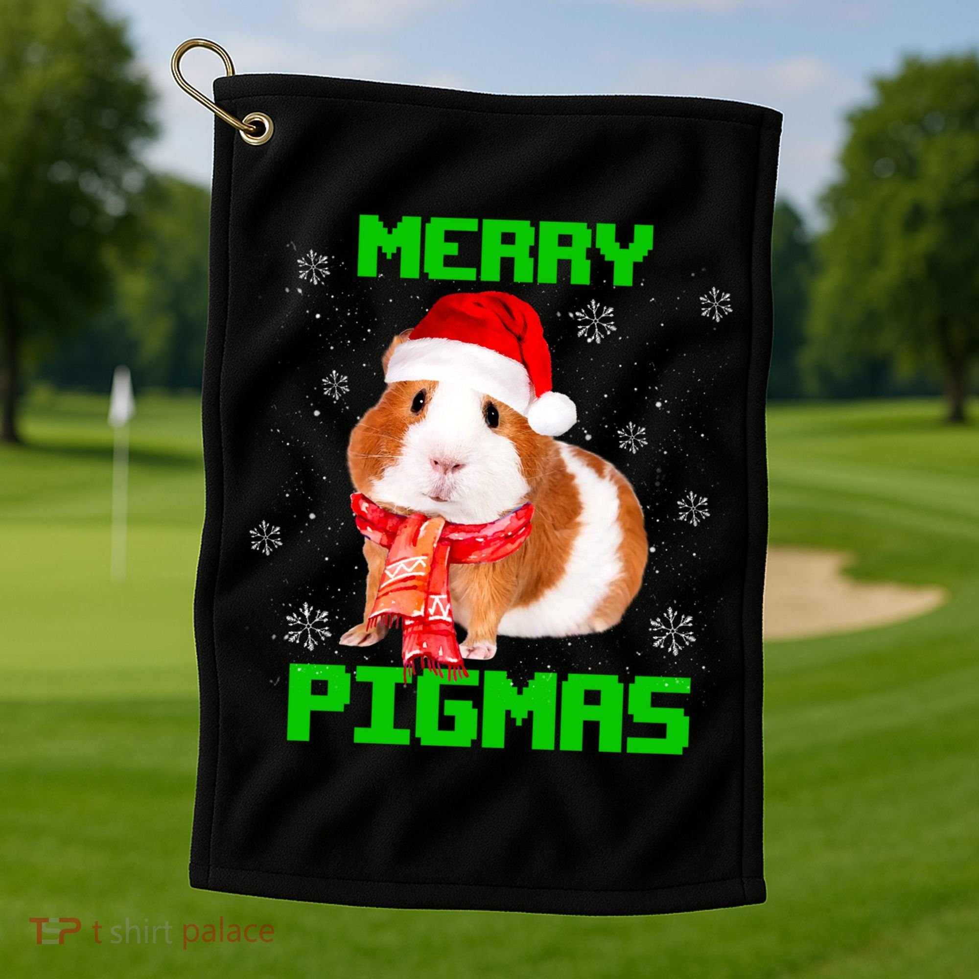 Merry Pigmas Christmas Guinea Pig Santa Hat Light In Snow Great Gift Golf Towel