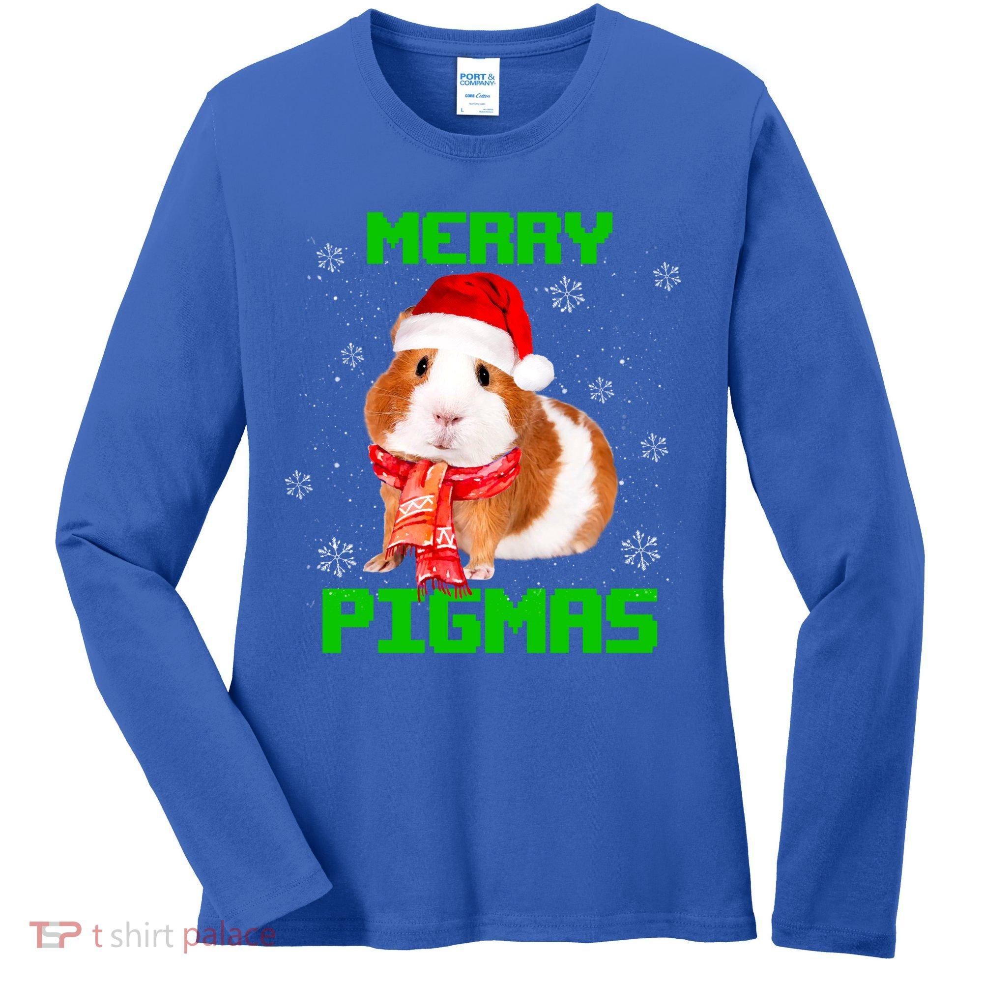 Merry Pigmas Christmas Guinea Pig Santa Hat Light In Snow Great Gift Women's Long Sleeve Shirt