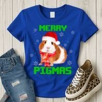 Merry Pigmas Christmas Guinea Pig Santa Hat Light In Snow Great Gift Women's T-Shirt thumb 3