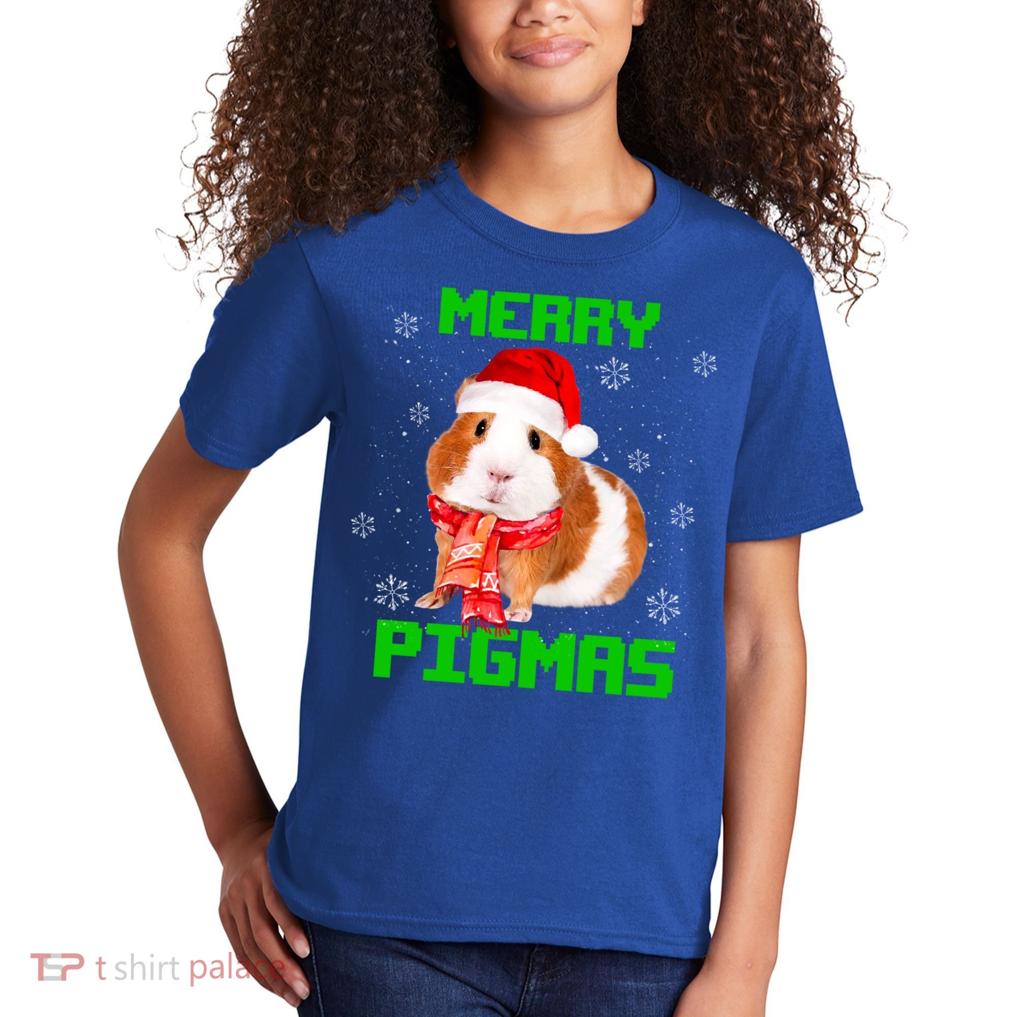 Merry Pigmas Christmas Guinea Pig Santa Hat Light In Snow Great Gift Kids T-Shirt
