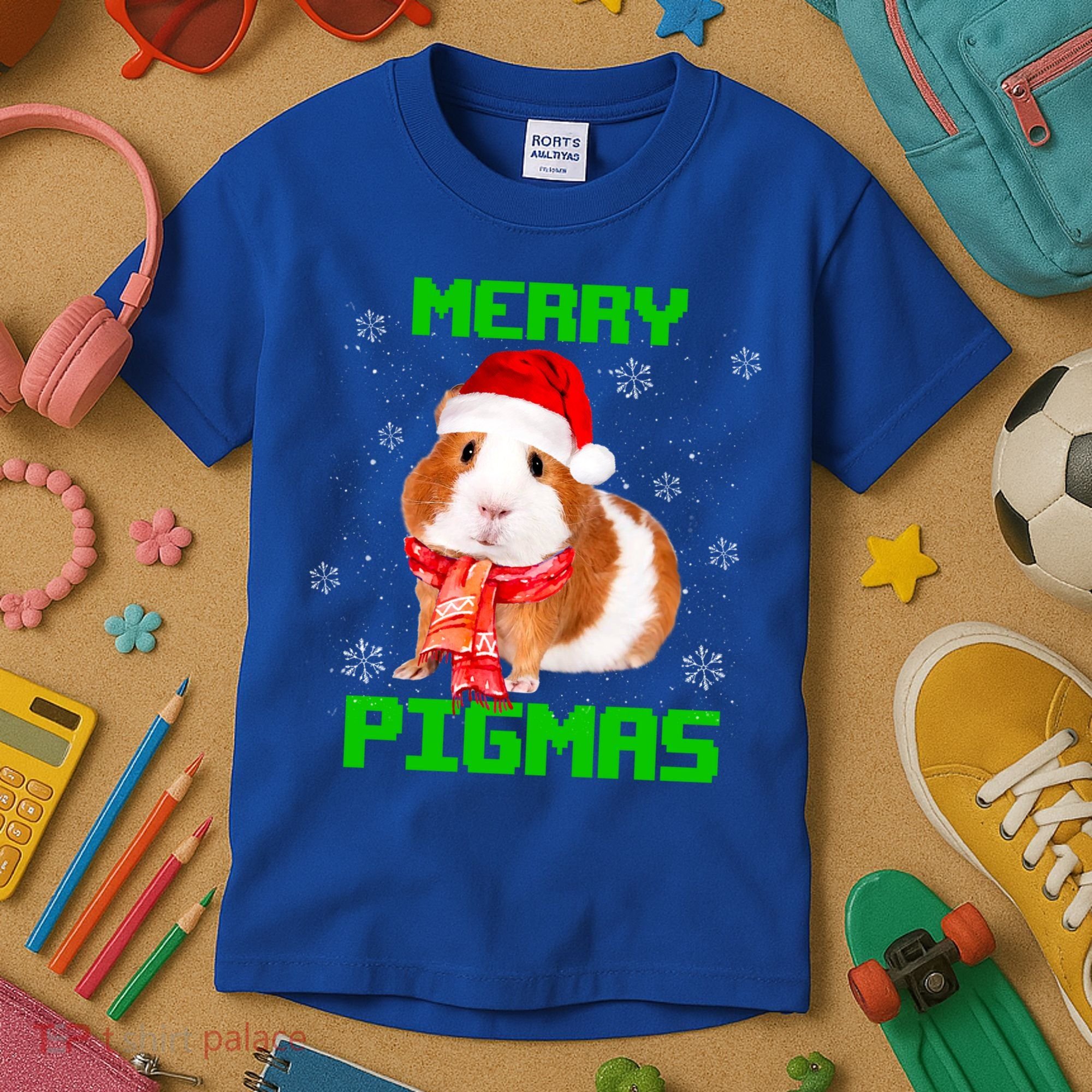 Merry Pigmas Christmas Guinea Pig Santa Hat Light In Snow Great Gift Kids T-Shirt