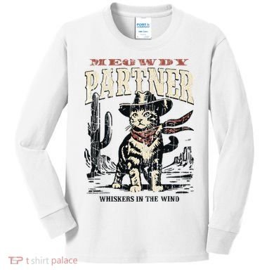 Meowdy Partner Cowboy Cat Vintage Kids Long Sleeve Shirt