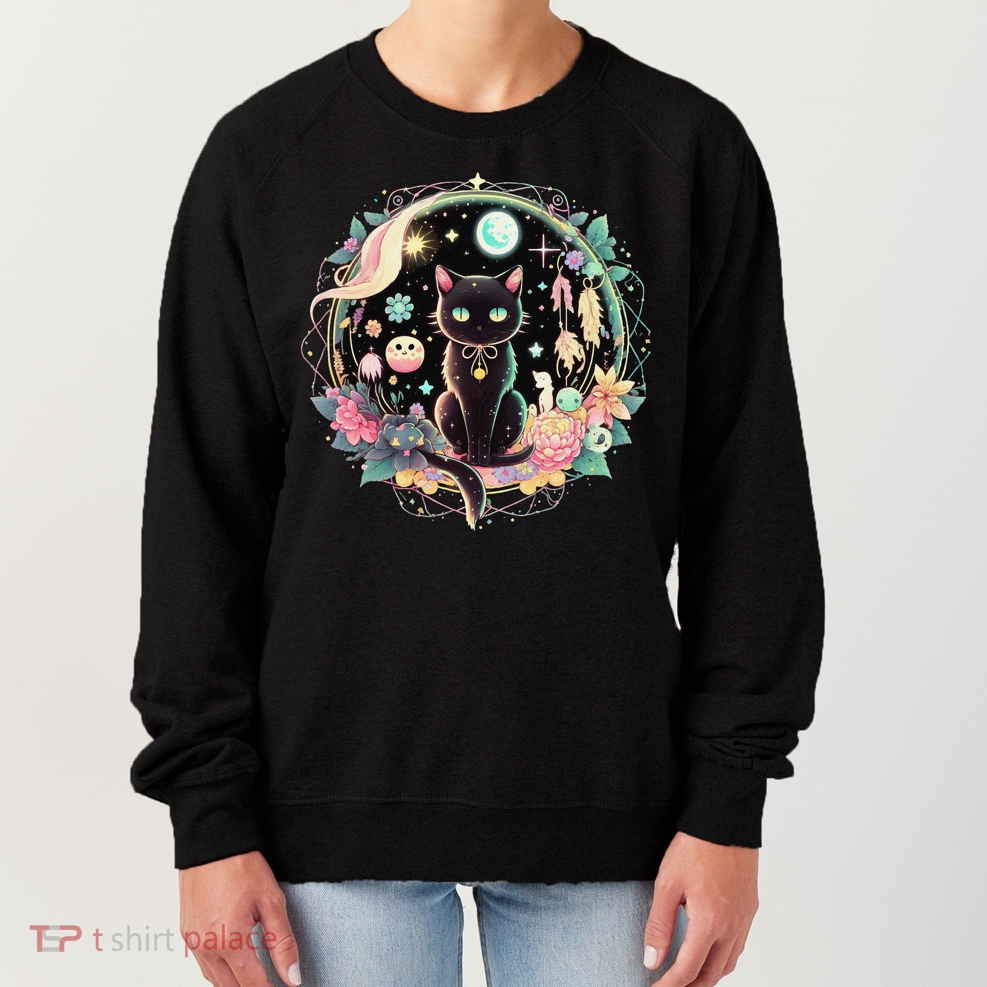 Moon Phases Crystal Witchy Cute Black Cat Kawaii Pastel Goth Women's Sweatshirt