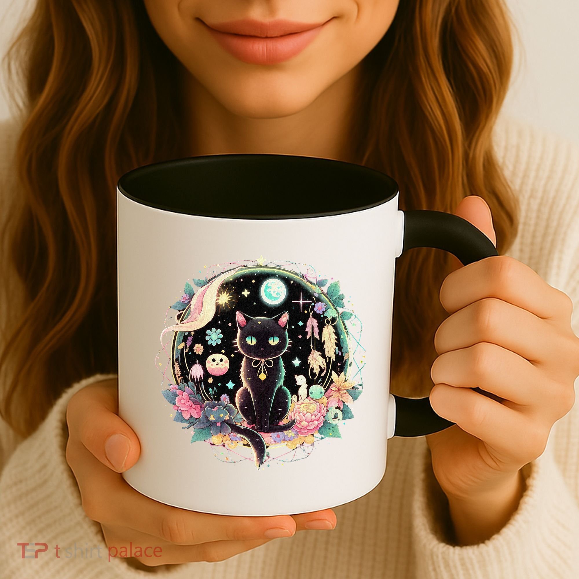 Moon Phases Crystal Witchy Cute Black Cat Kawaii Pastel Goth Coffee Mug