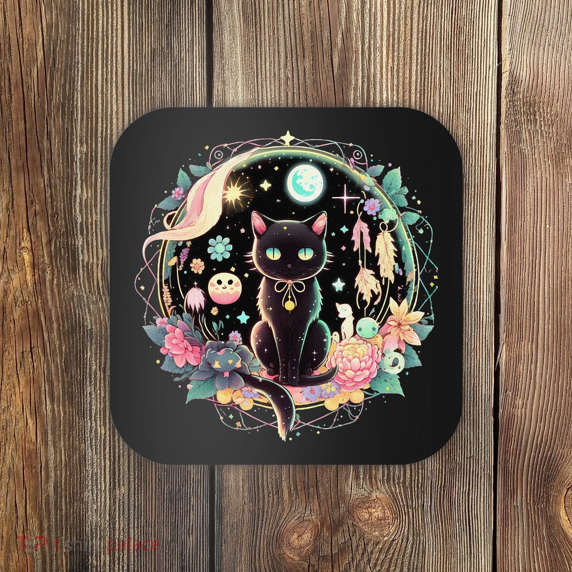 Moon Phases Crystal Witchy Cute Black Cat Kawaii Pastel Goth Coaster