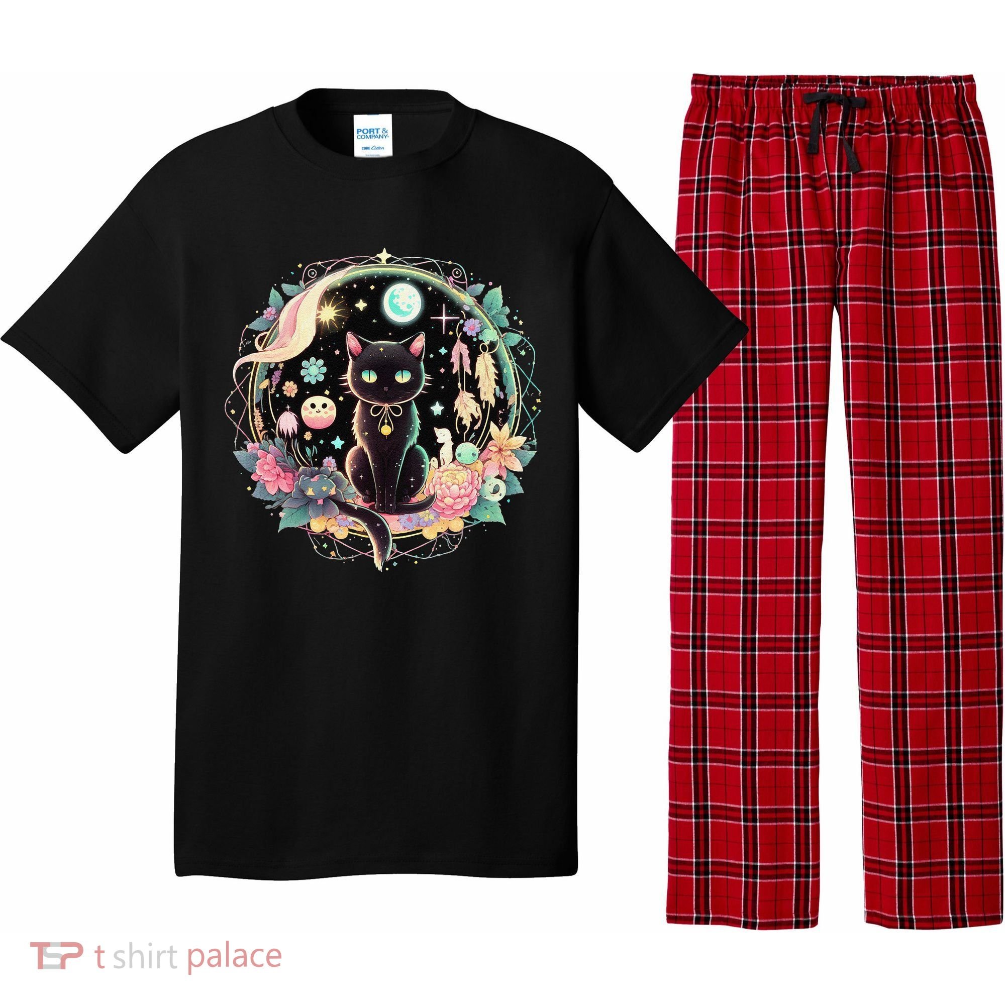 Moon Phases Crystal Witchy Cute Black Cat Kawaii Pastel Goth Pajama Set