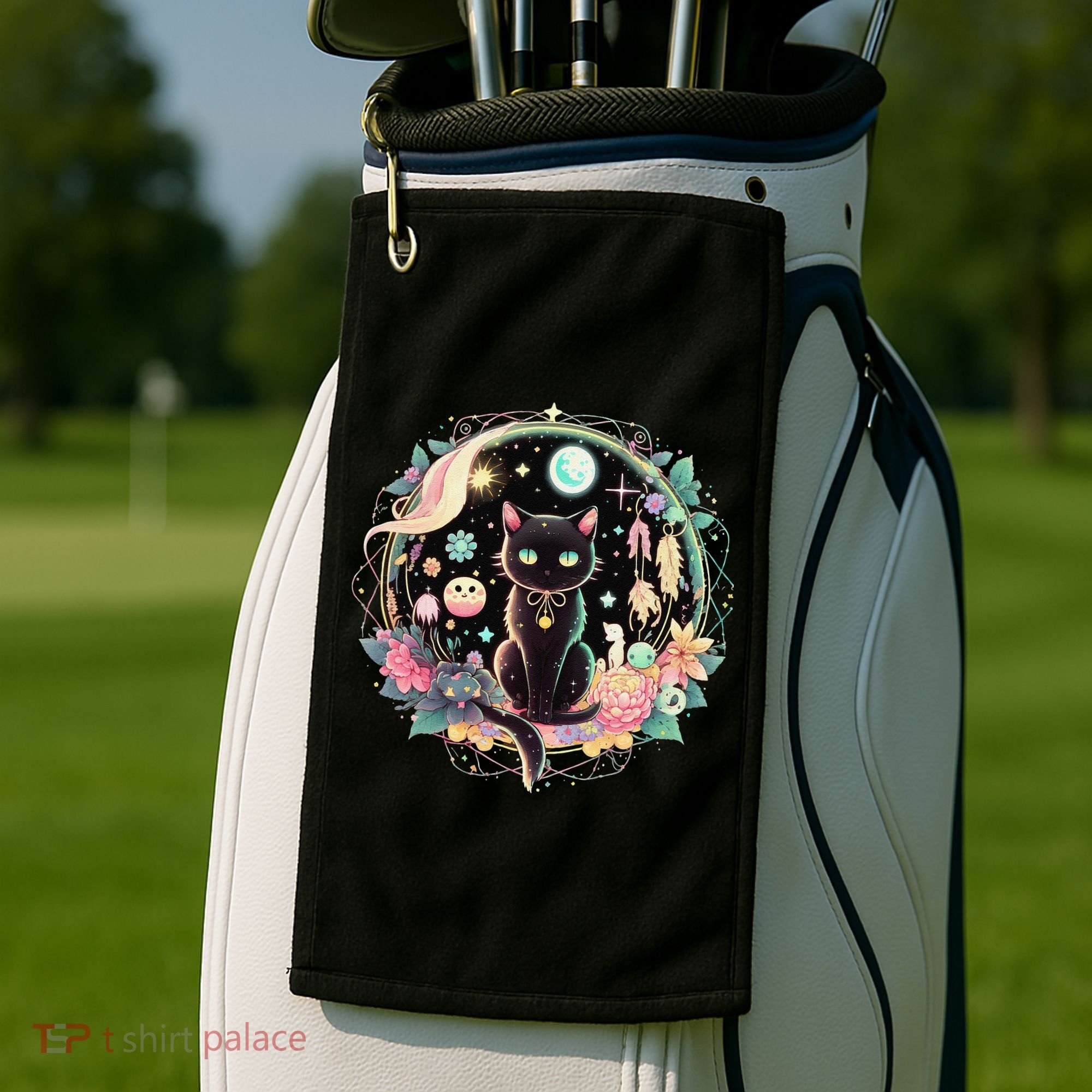 Moon Phases Crystal Witchy Cute Black Cat Kawaii Pastel Goth Golf Towel