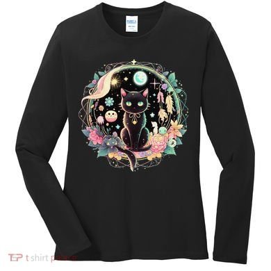 Moon Phases Crystal Witchy Cute Black Cat Kawaii Pastel Goth Women's Long Sleeve Shirt