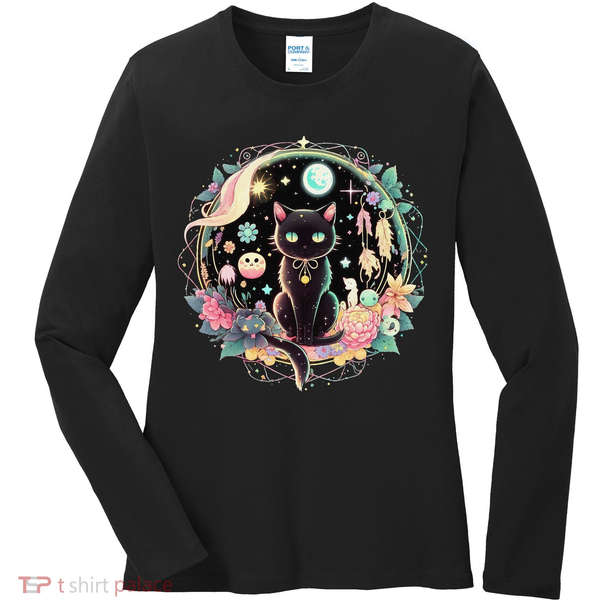 Moon Phases Crystal Witchy Cute Black Cat Kawaii Pastel Goth Women's Long Sleeve Shirt