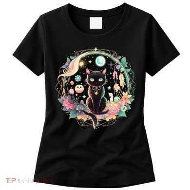 Moon Phases Crystal Witchy Cute Black Cat Kawaii Pastel Goth Women's T-Shirt